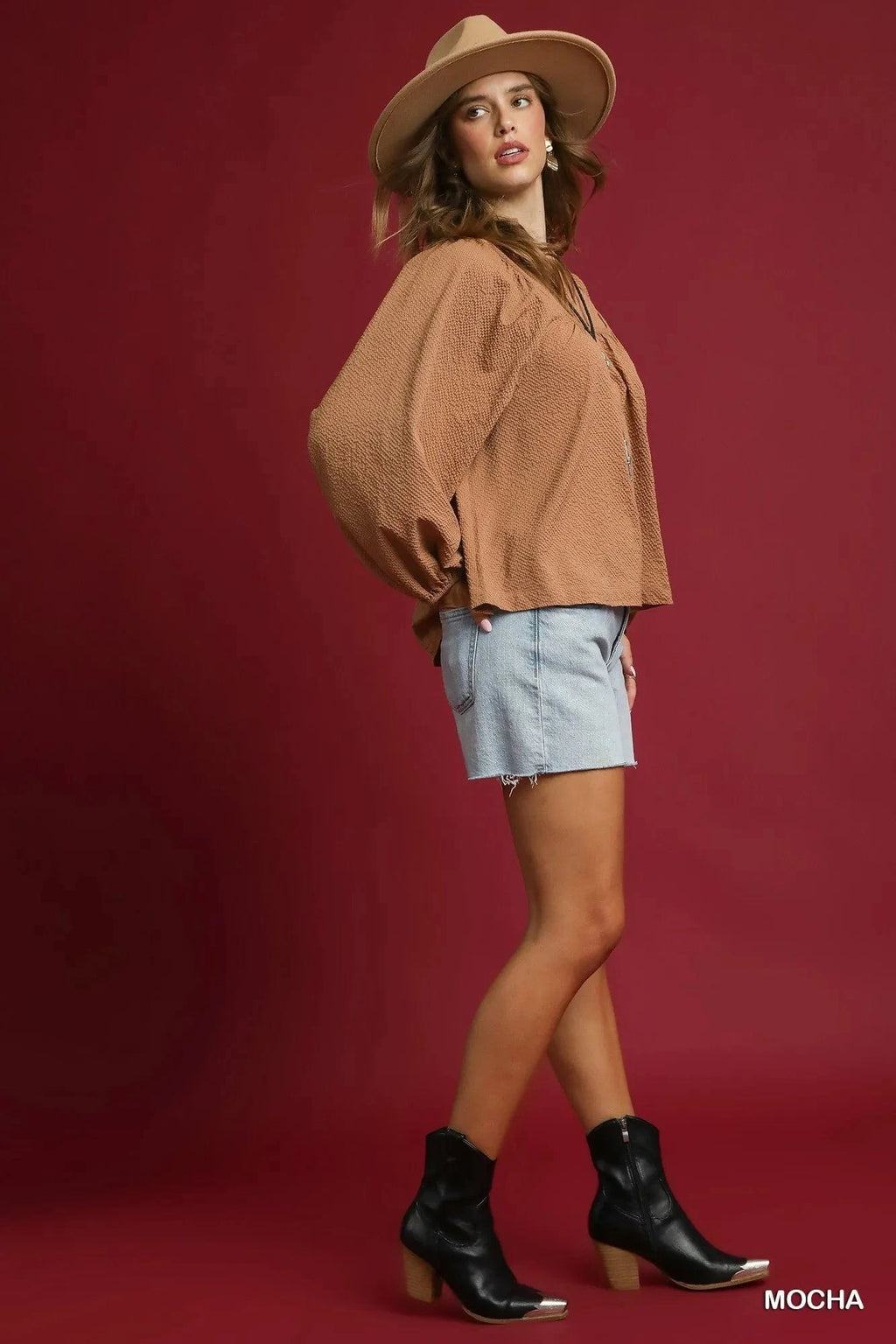 Umgee Textured Notched Blouse with Balloon Sleeves - ShalayeFashion
