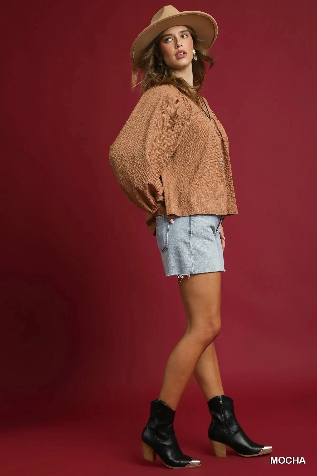 Umgee Textured Notched Blouse with Balloon Sleeves - ShalayeFashion
