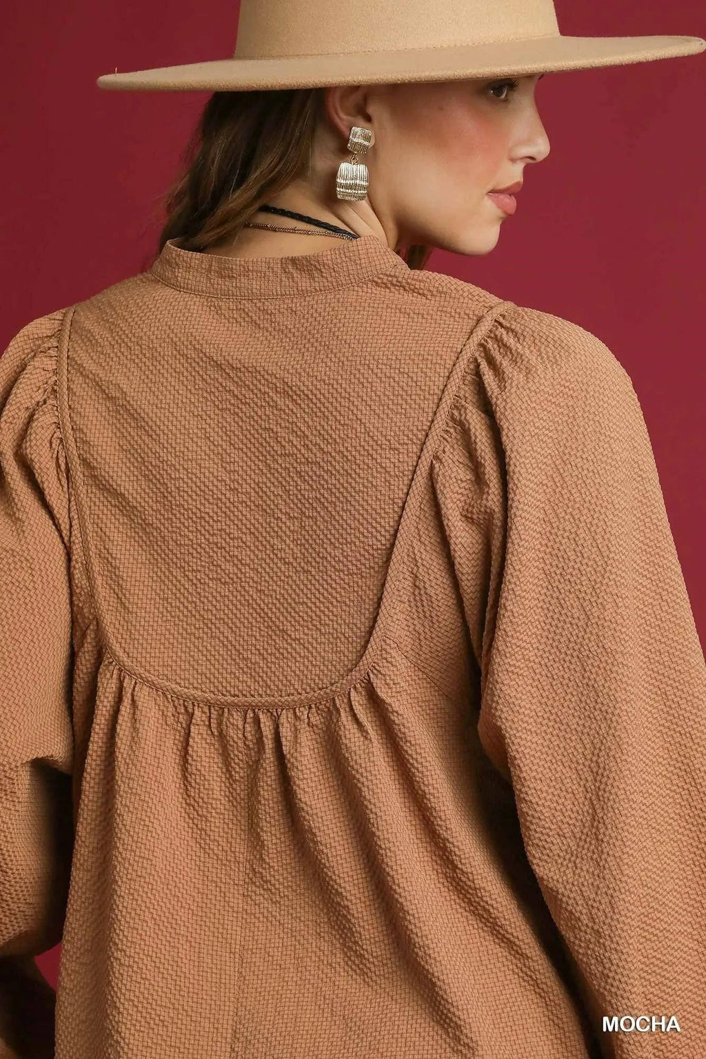 Umgee Textured Notched Blouse with Balloon Sleeves - ShalayeFashion