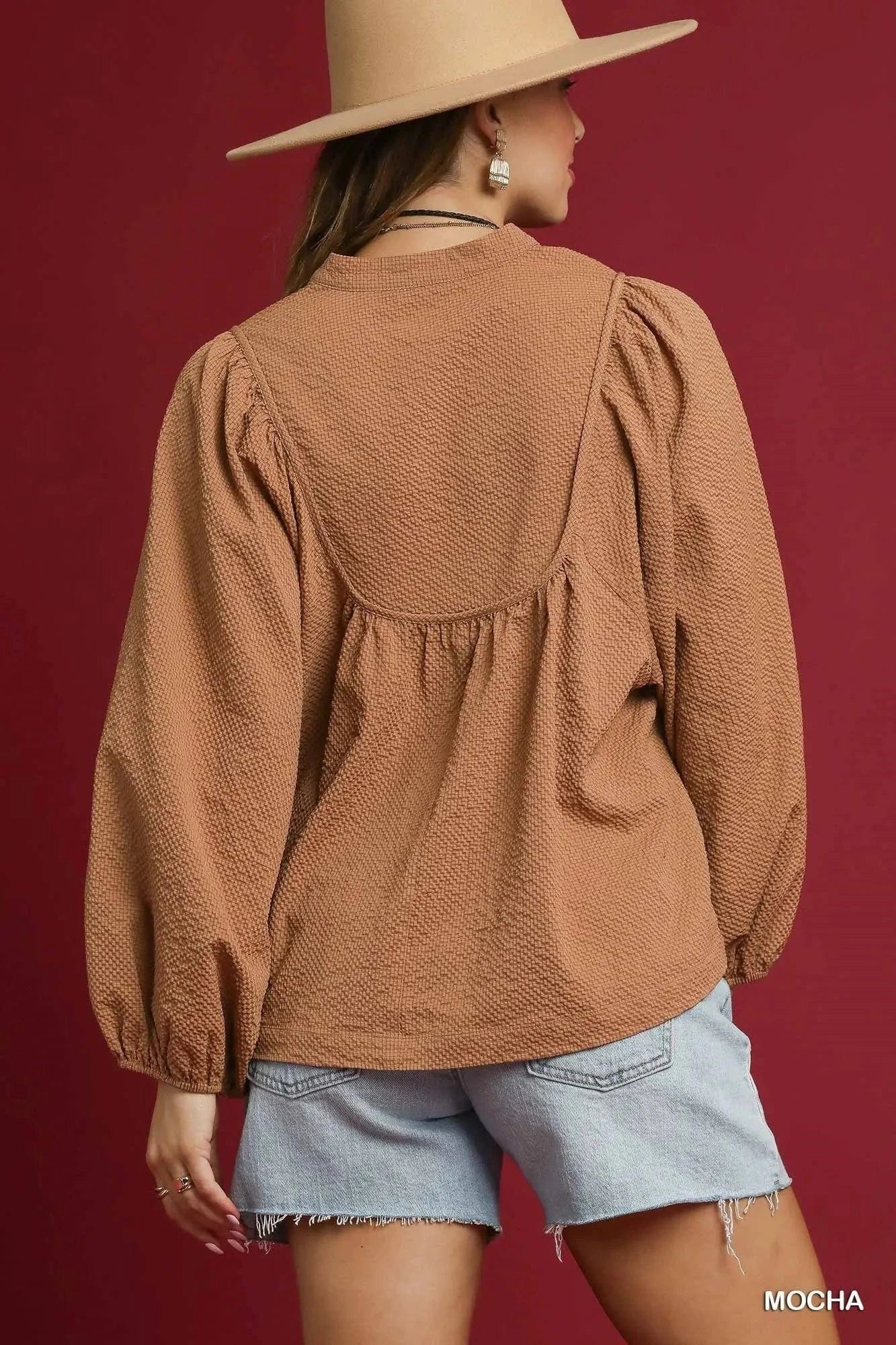 Umgee Textured Notched Blouse with Balloon Sleeves - ShalayeFashion