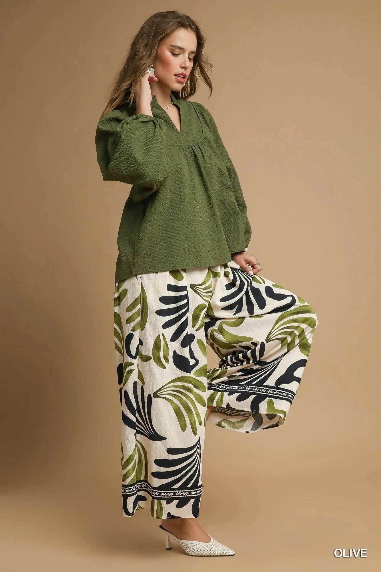 Umgee Textured Notched Blouse with Balloon Sleeves - ShalayeFashion