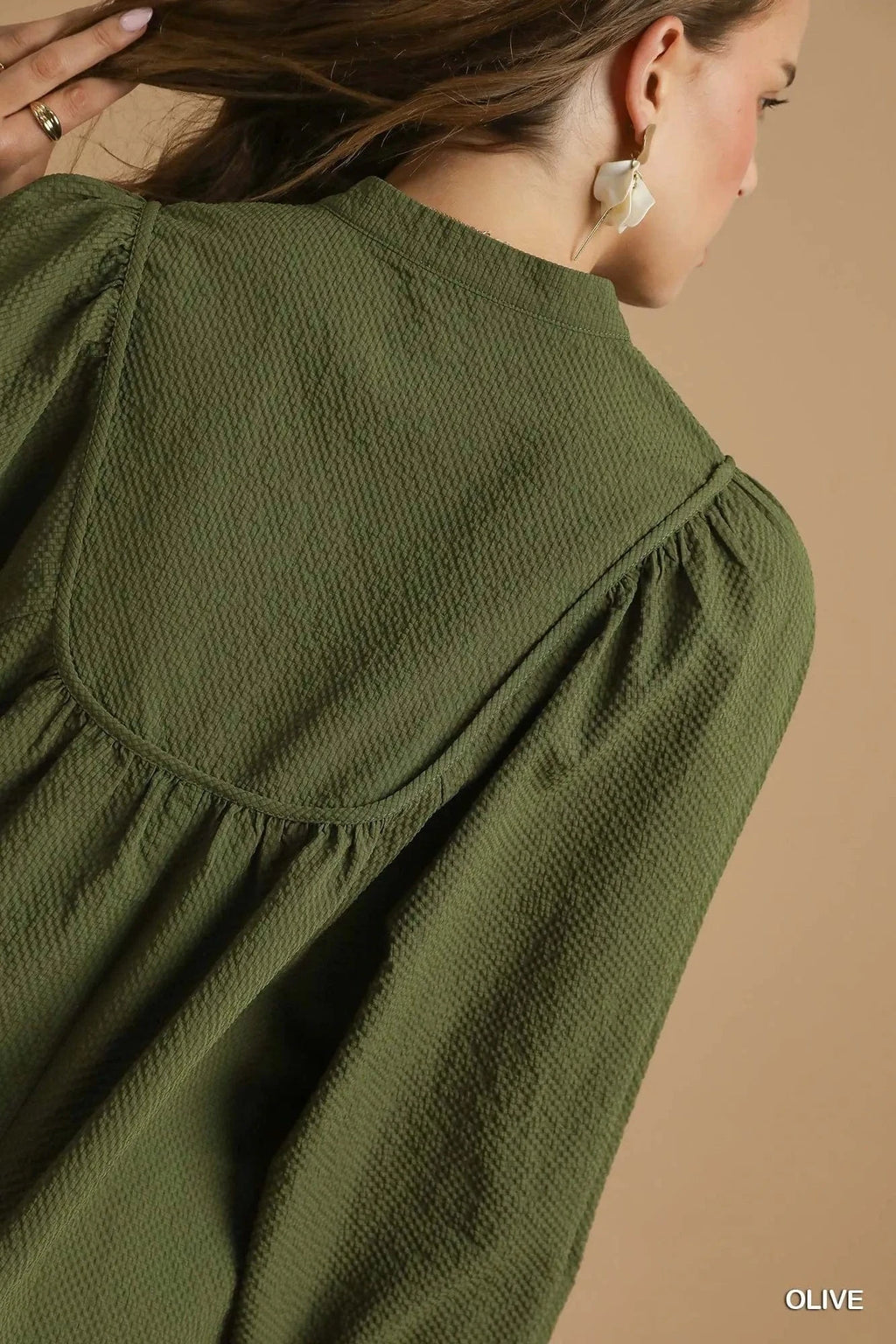 Umgee Textured Notched Blouse with Balloon Sleeves - ShalayeFashion