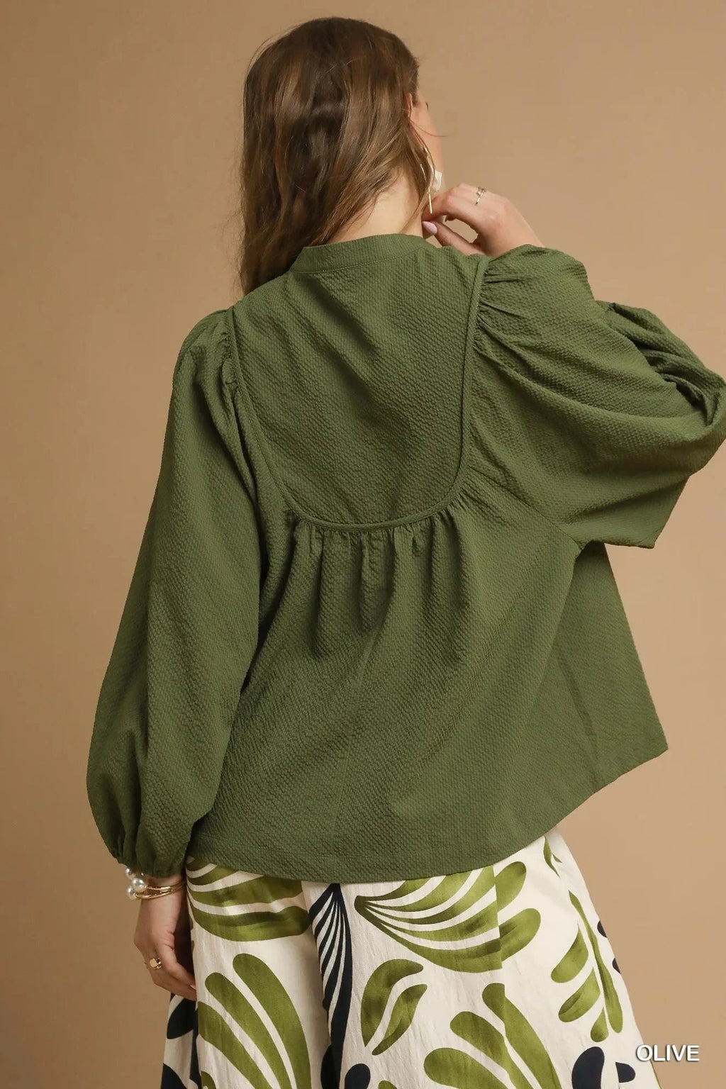 Umgee Textured Notched Blouse with Balloon Sleeves - ShalayeFashion