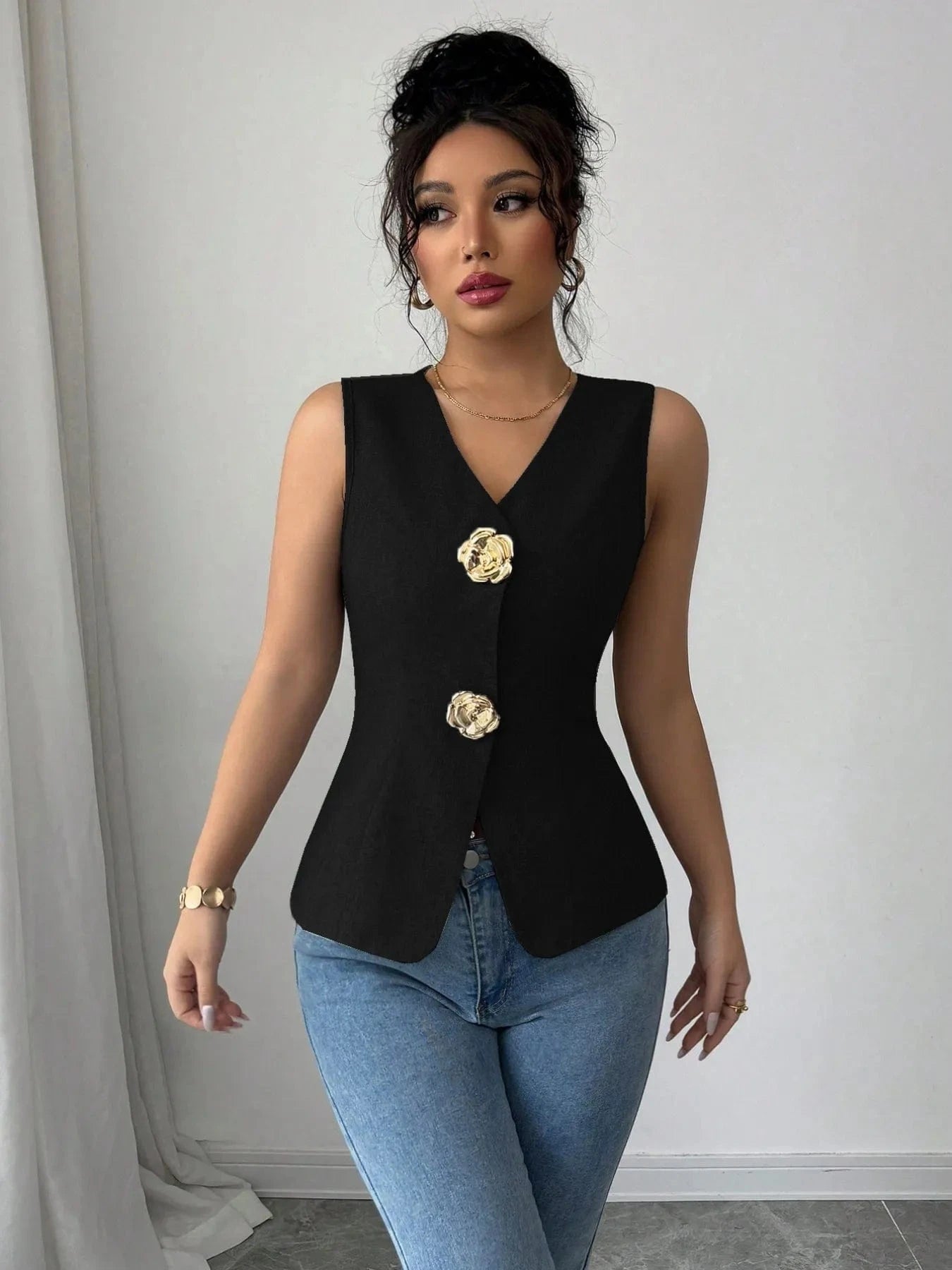 V - Neck Button Detail Tank Top - ShalayeFashion