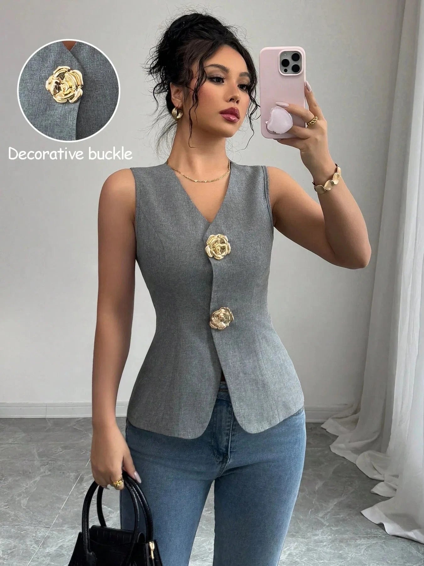 V - Neck Button Detail Tank Top - ShalayeFashion