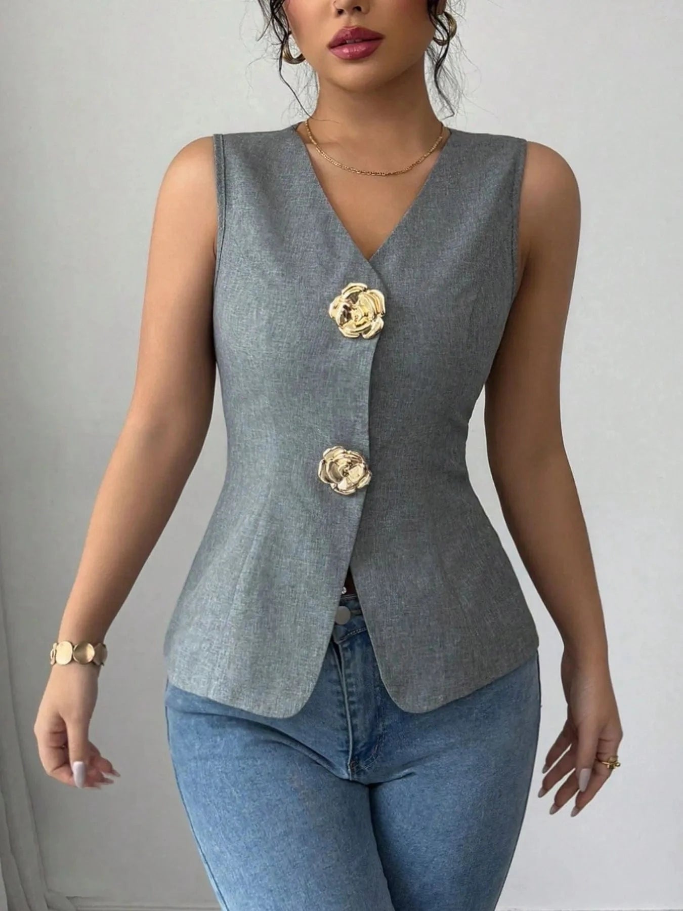 V - Neck Button Detail Tank Top - ShalayeFashion