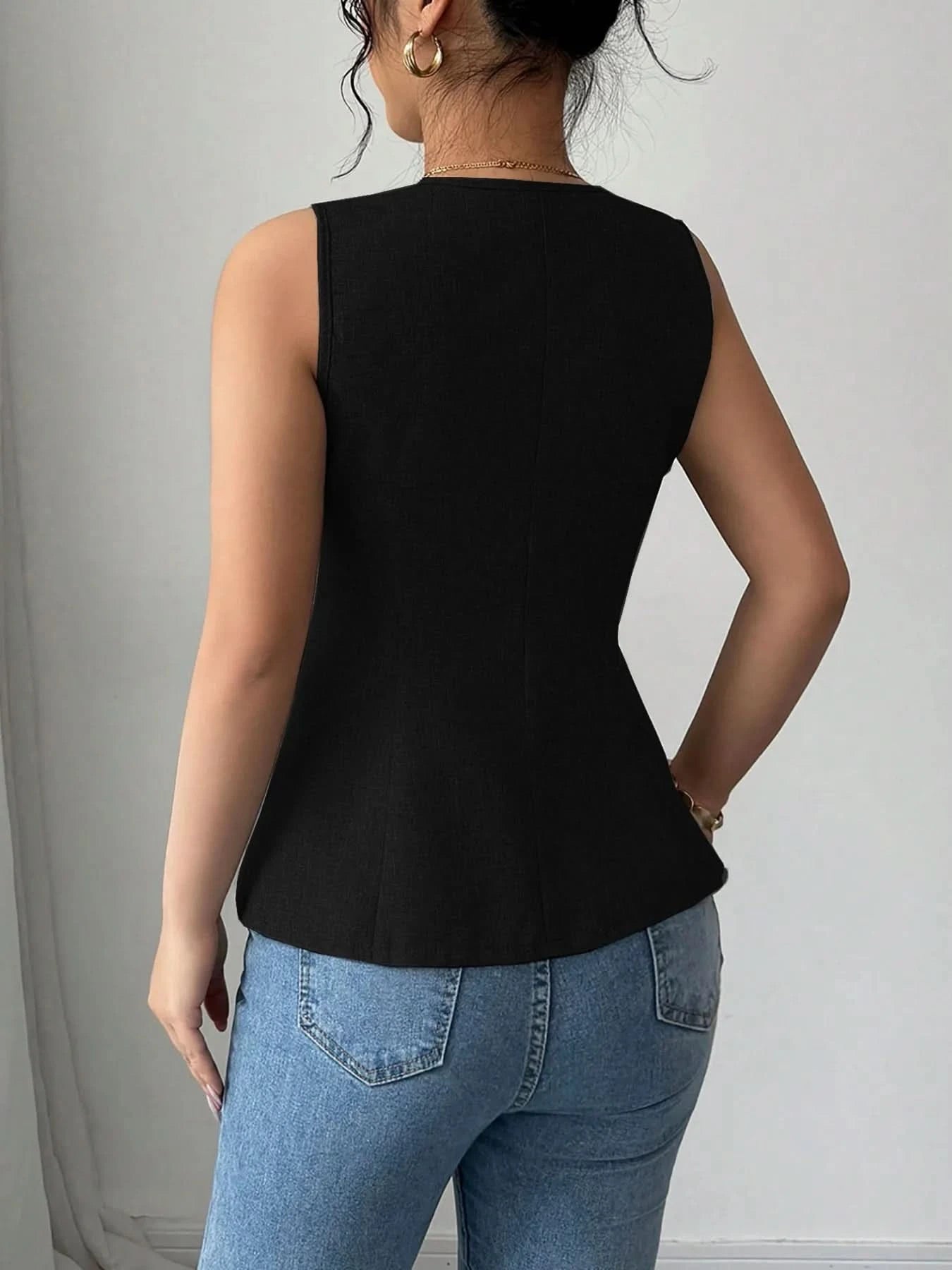 V - Neck Button Detail Tank Top - ShalayeFashion