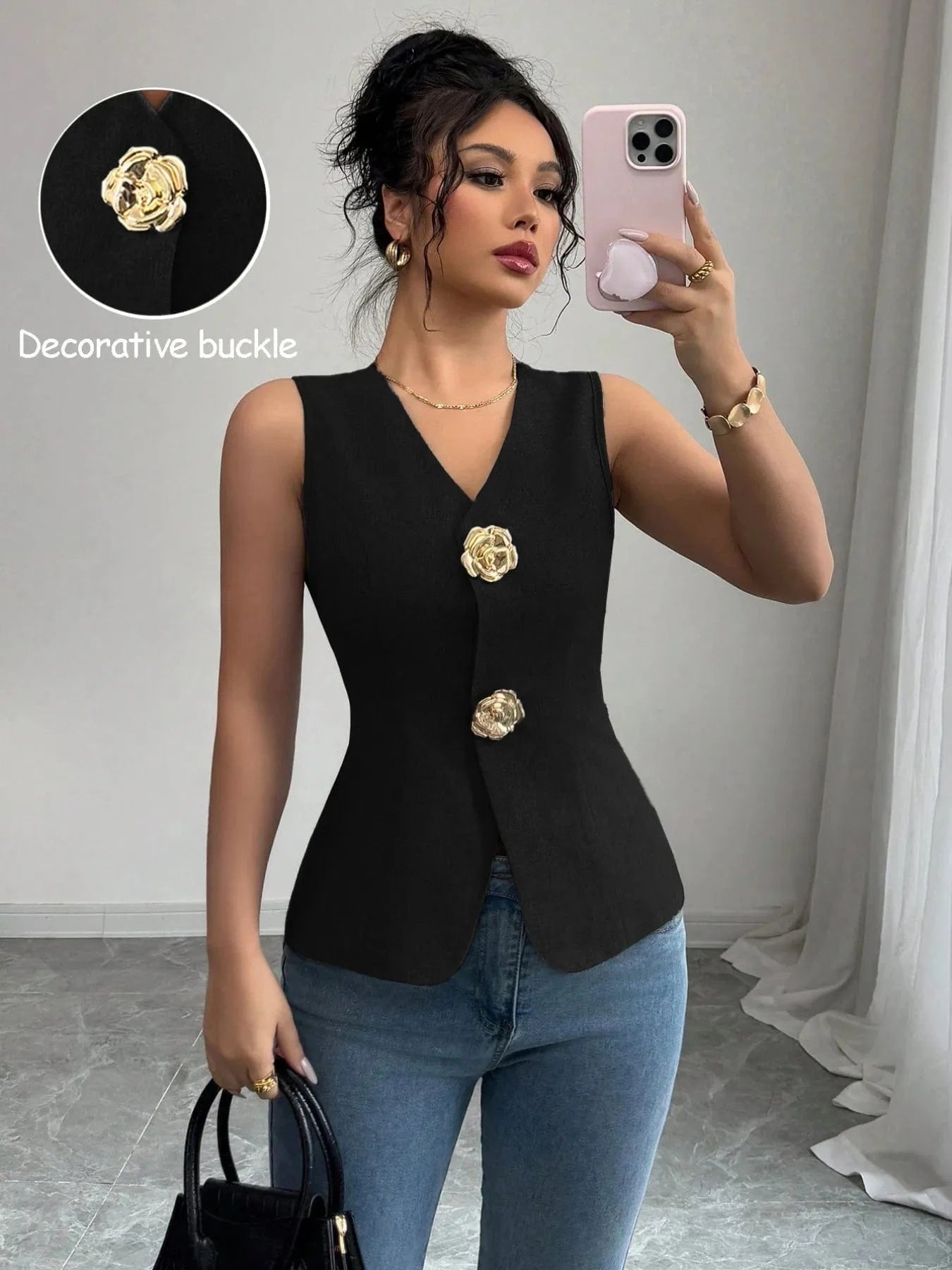 V - Neck Button Detail Tank Top - ShalayeFashion