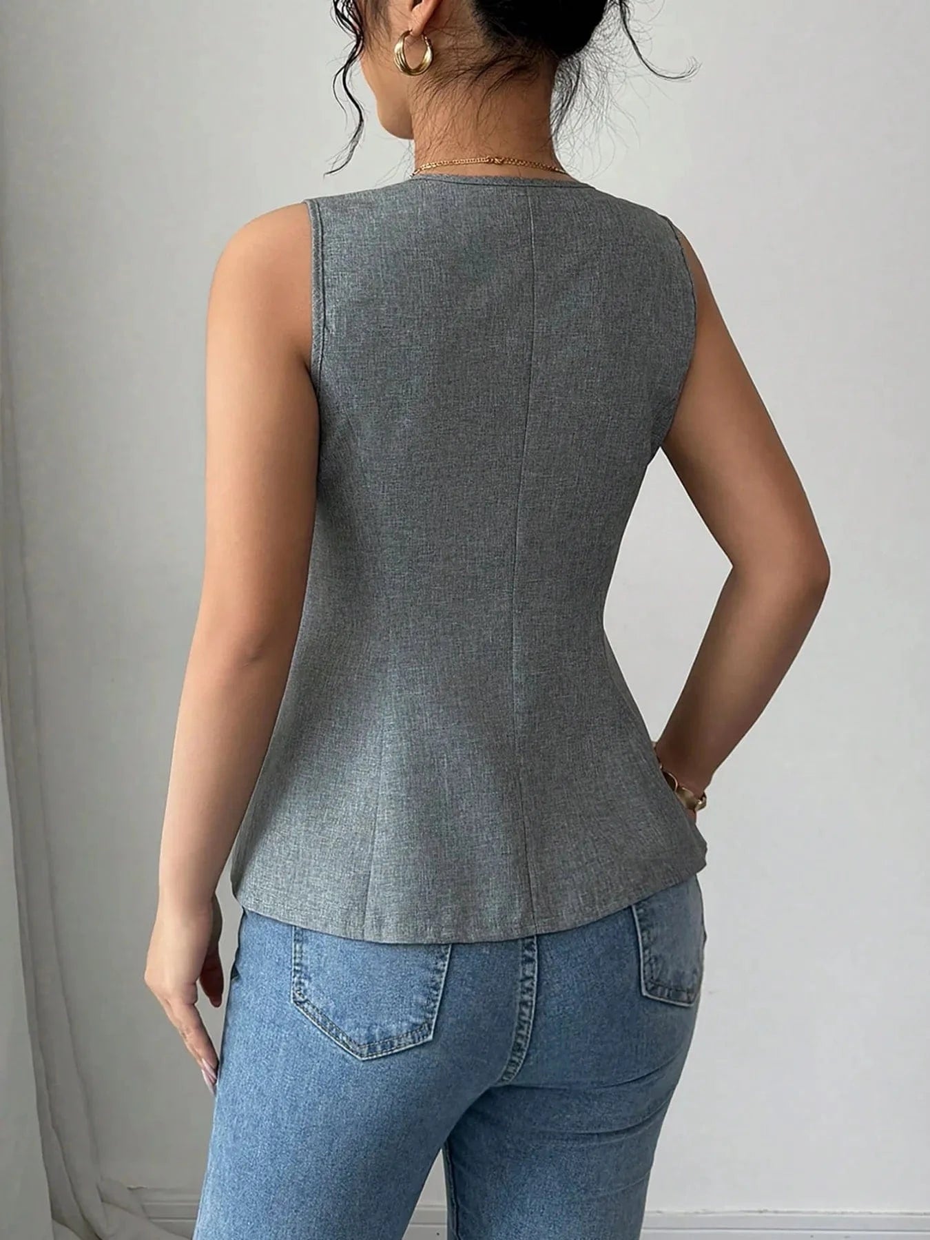 V - Neck Button Detail Tank Top - ShalayeFashion
