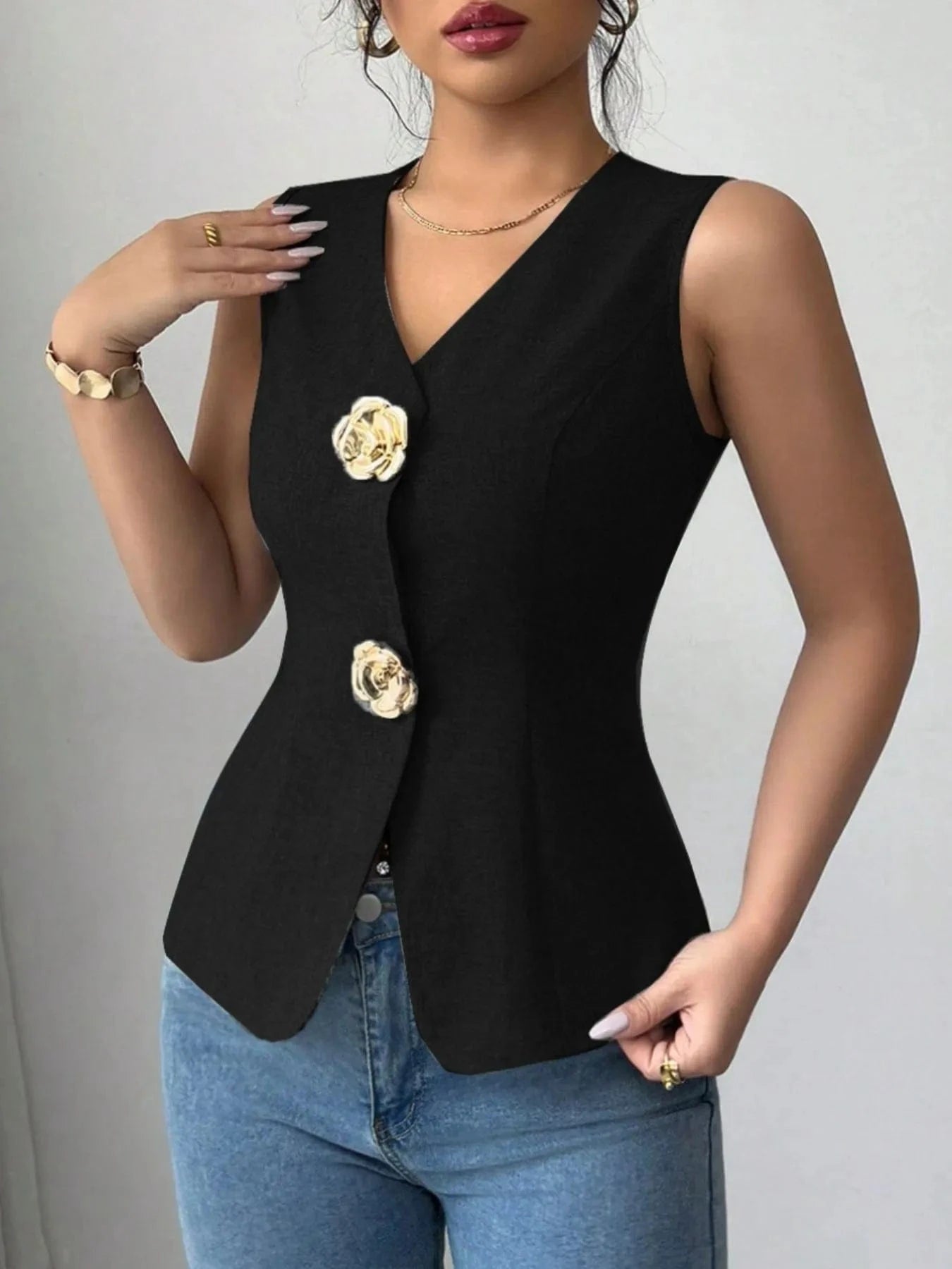 V - Neck Button Detail Tank Top - ShalayeFashion