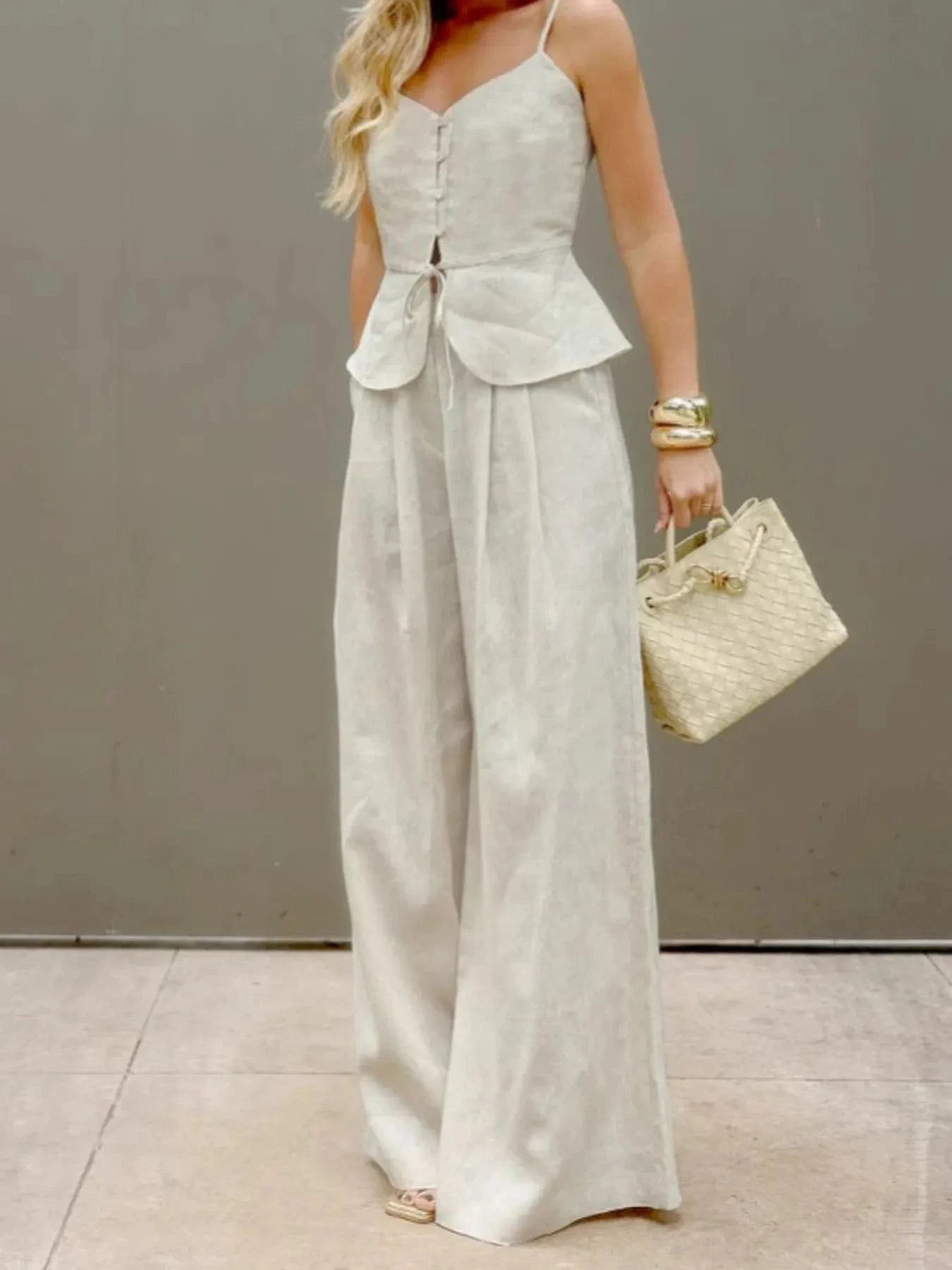 V - Neck Cami and Pants Set - ShalayeFashion