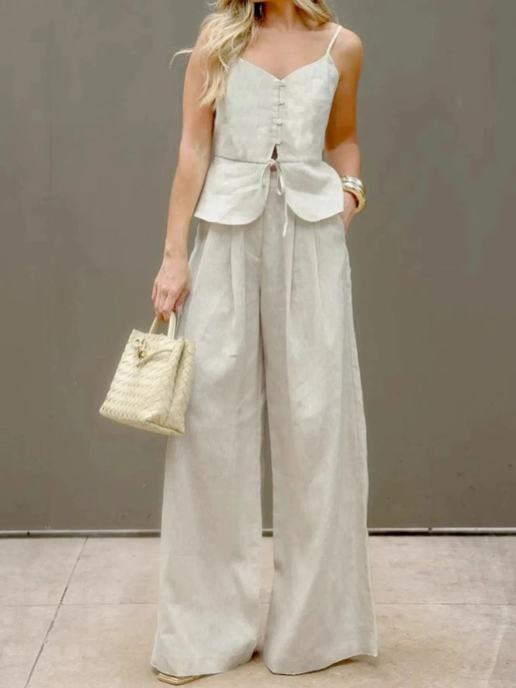 V - Neck Cami and Pants Set - ShalayeFashion