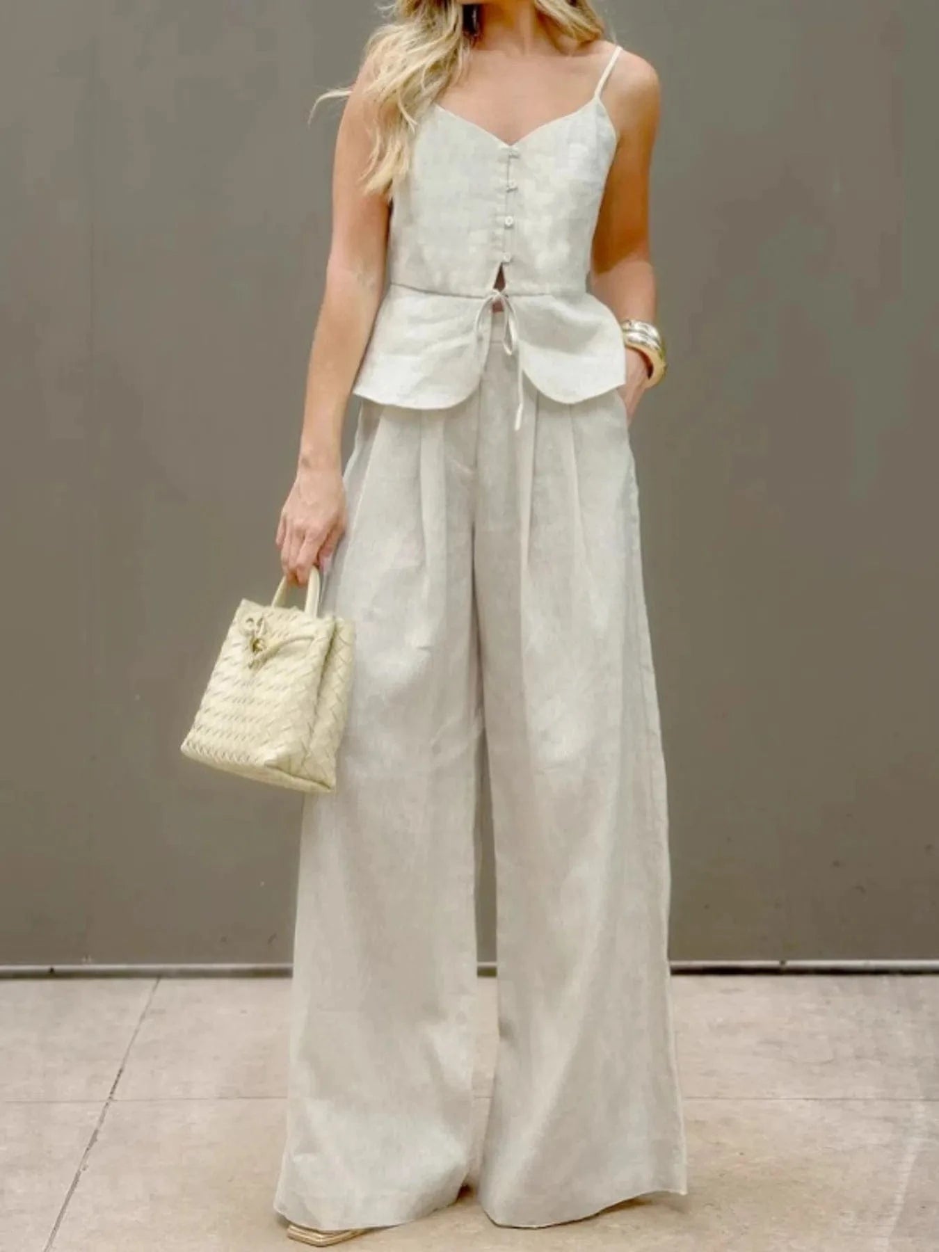 V - Neck Cami and Pants Set - ShalayeFashion