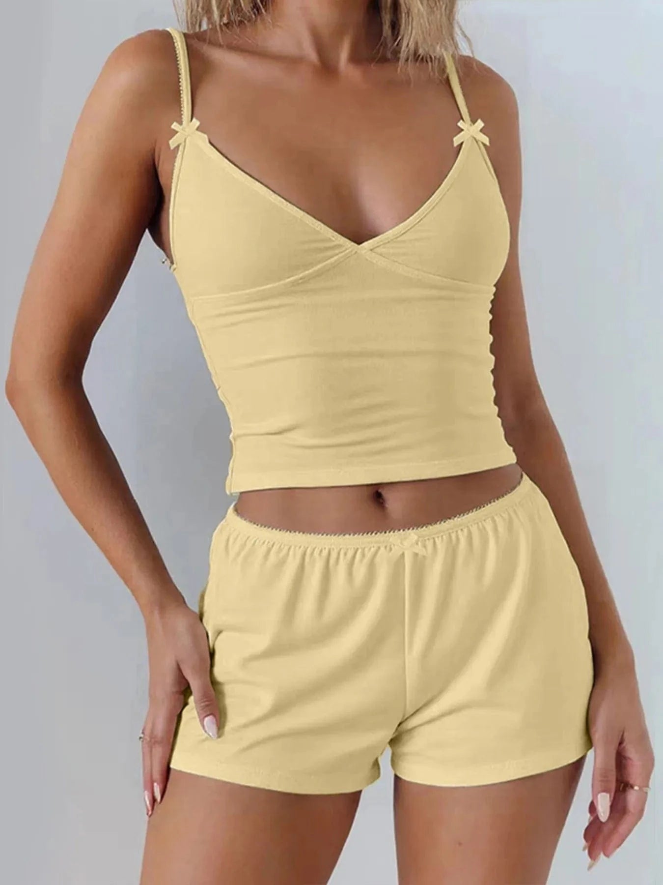 V - Neck Cami and Shorts Set - ShalayeFashion