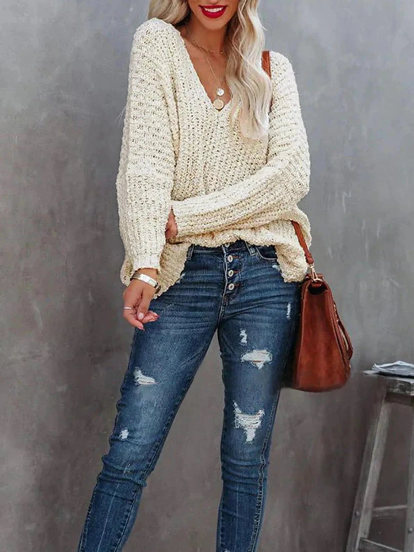 V - Neck Long Sleeve Sweater - ShalayeFashion