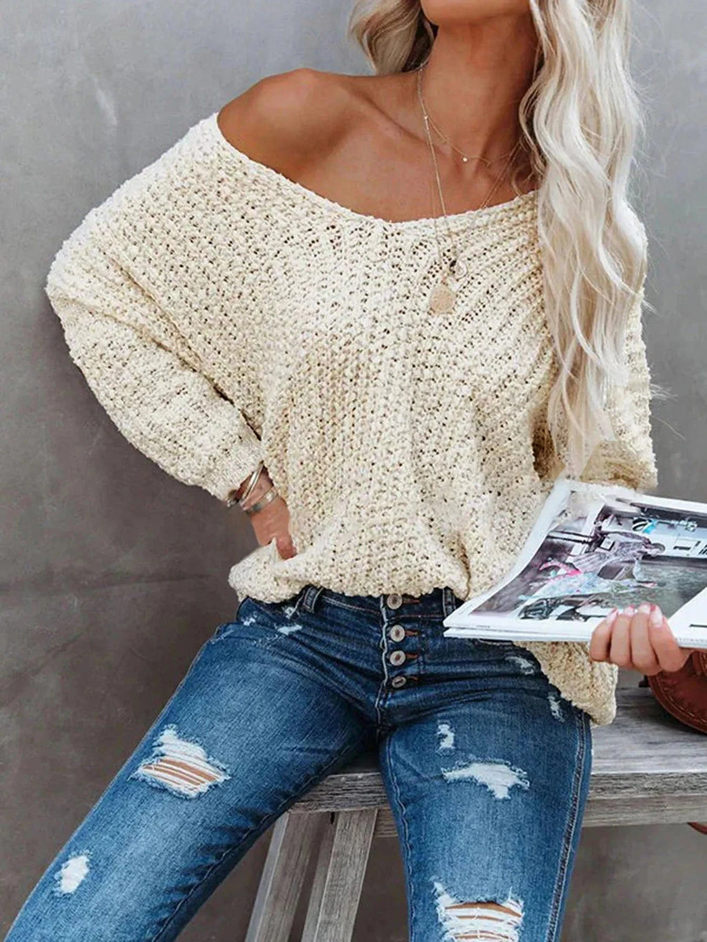 V - Neck Long Sleeve Sweater - ShalayeFashion