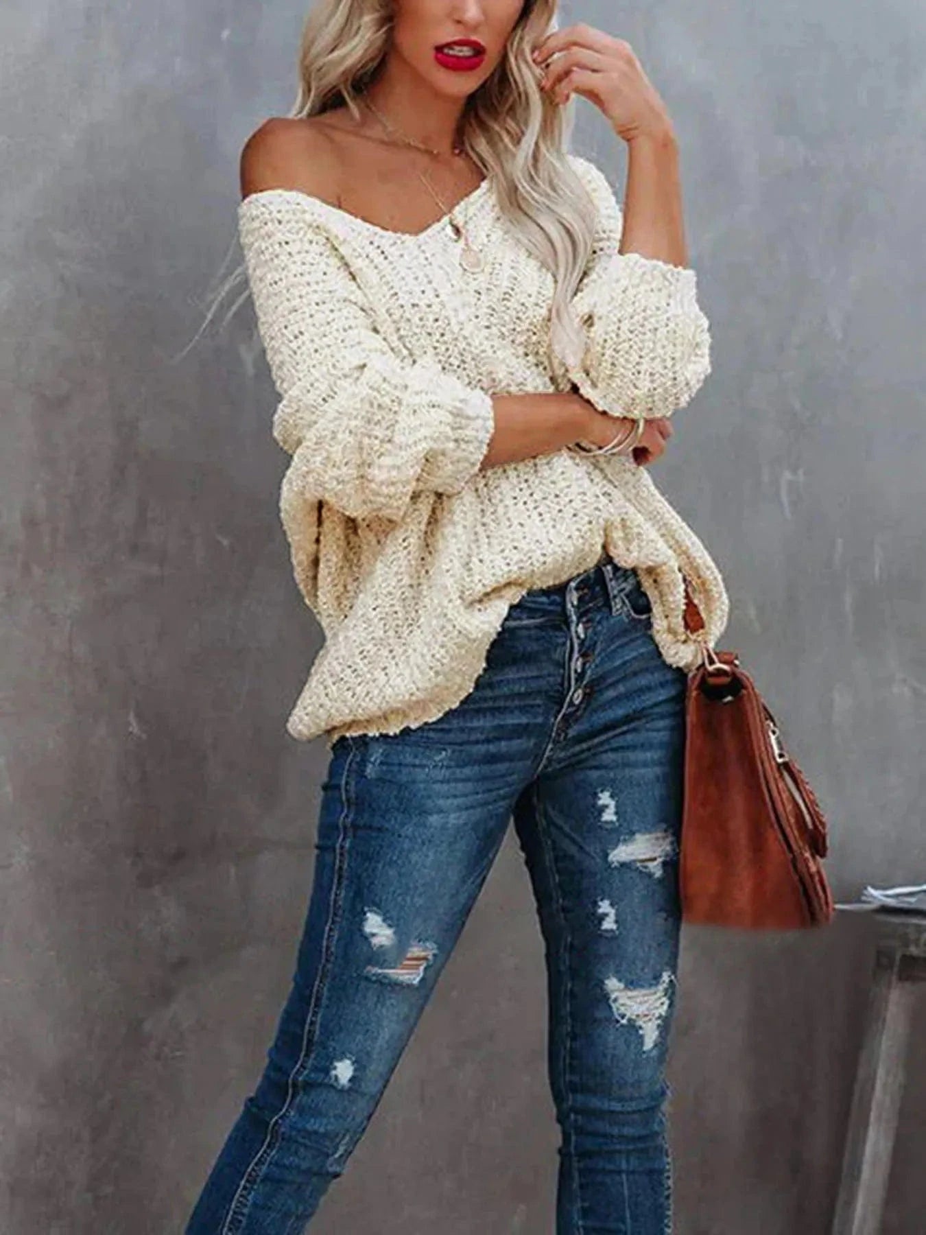 V - Neck Long Sleeve Sweater - ShalayeFashion