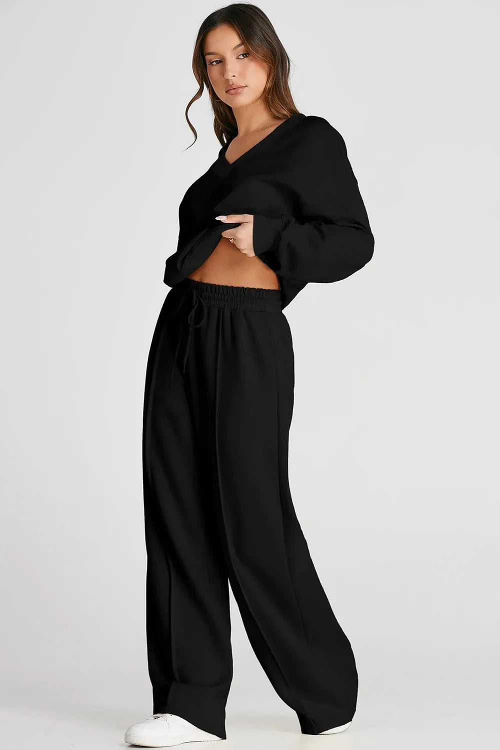 V - Neck Long Sleeve Top and Pants Active Set - ShalayeFashion