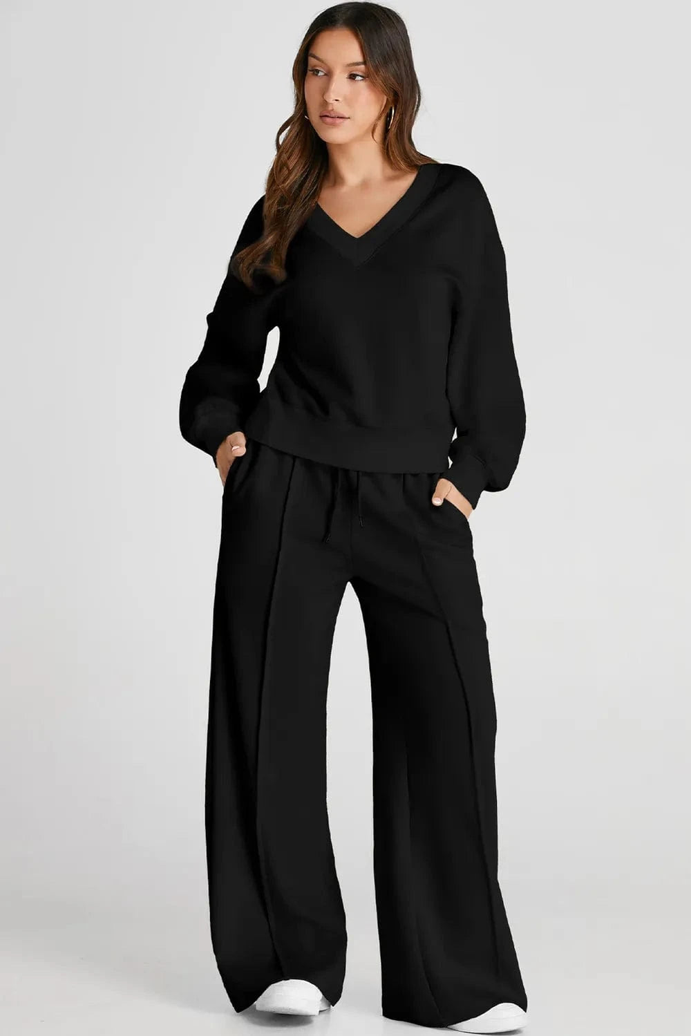 V - Neck Long Sleeve Top and Pants Active Set - ShalayeFashion