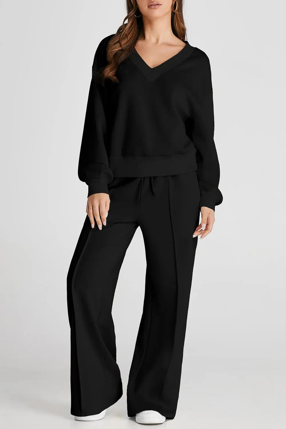 V - Neck Long Sleeve Top and Pants Active Set - ShalayeFashion