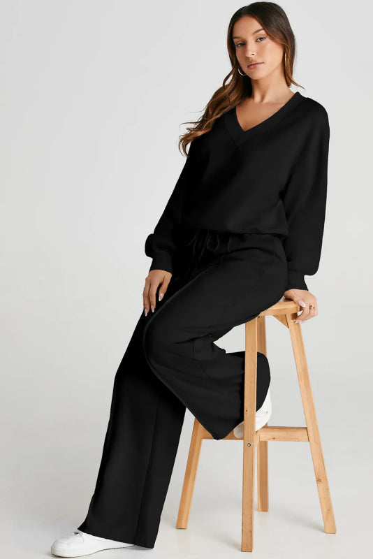 V - Neck Long Sleeve Top and Pants Active Set - ShalayeFashion