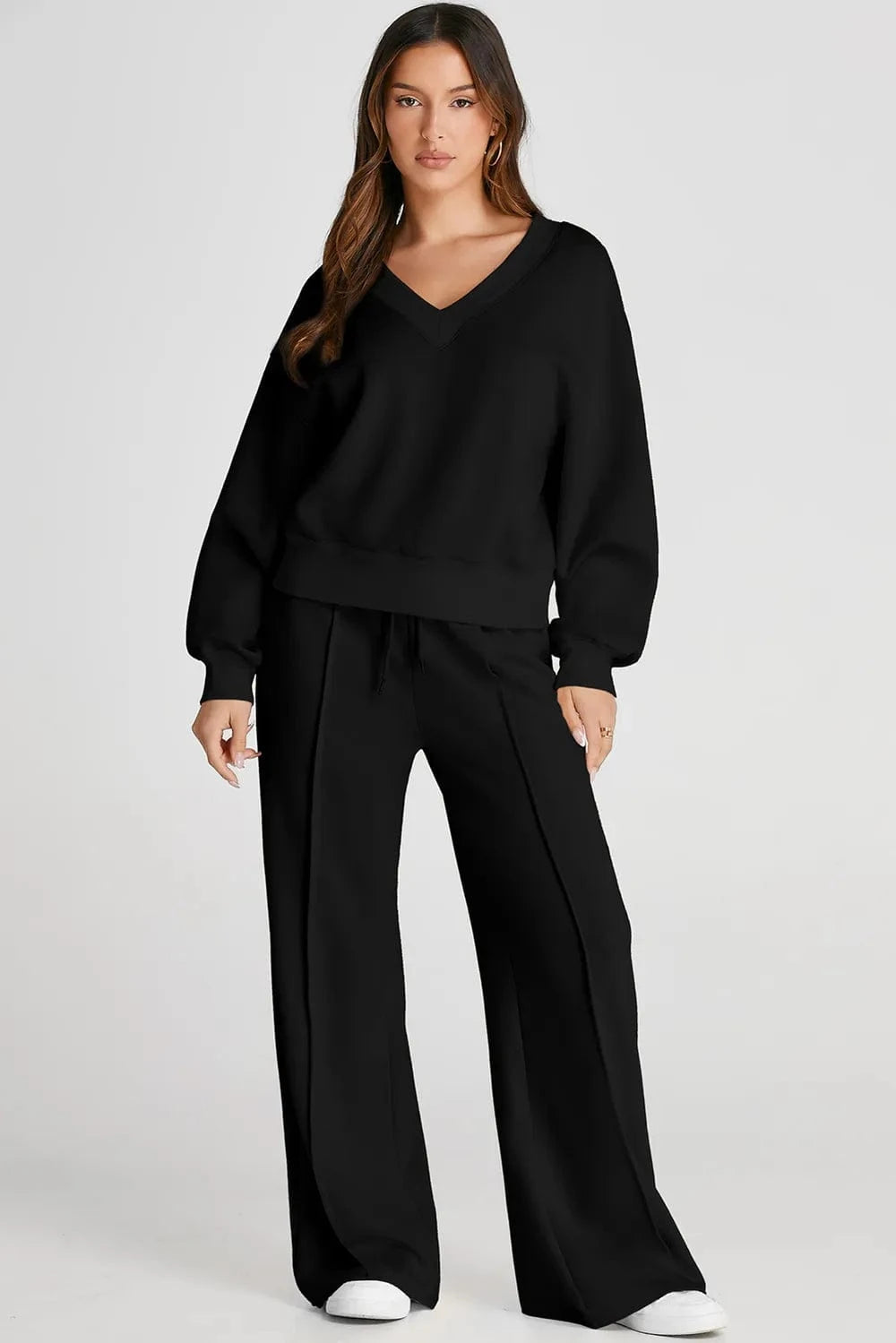 V - Neck Long Sleeve Top and Pants Active Set - ShalayeFashion
