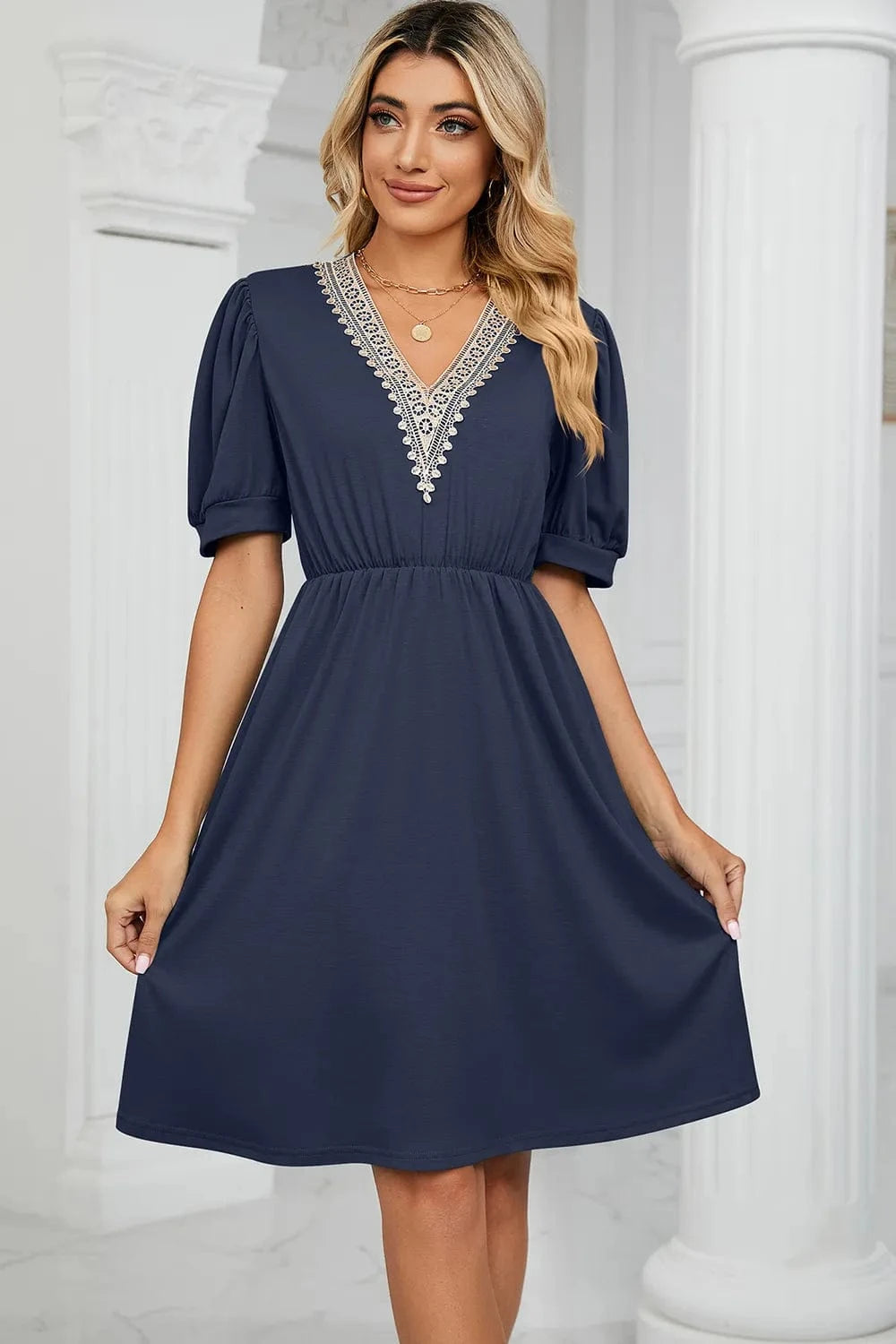 V - Neck Puff Sleeve Dress - ShalayeFashion