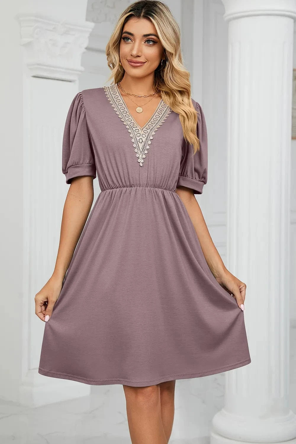 V - Neck Puff Sleeve Dress - ShalayeFashion