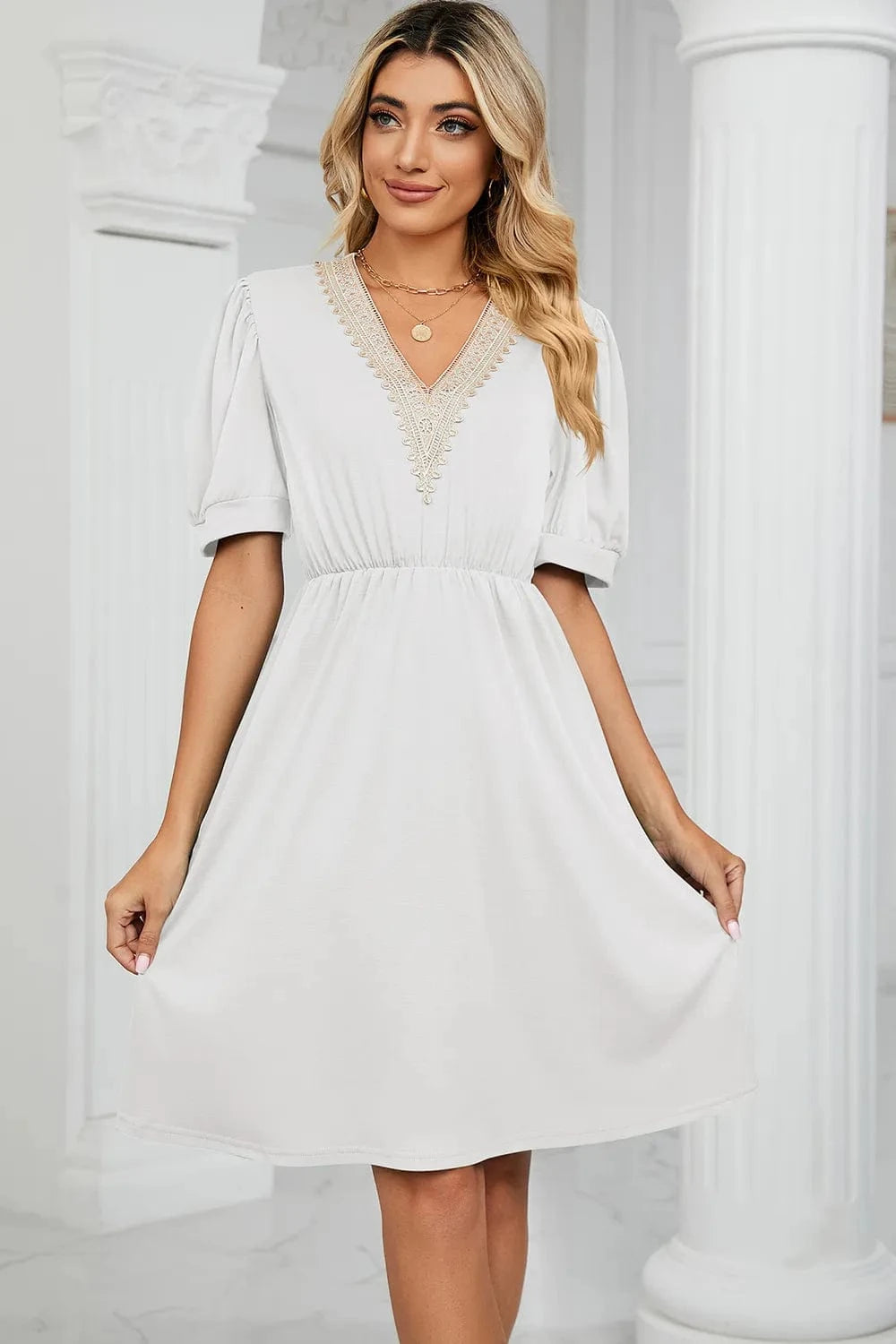 V - Neck Puff Sleeve Dress - ShalayeFashion