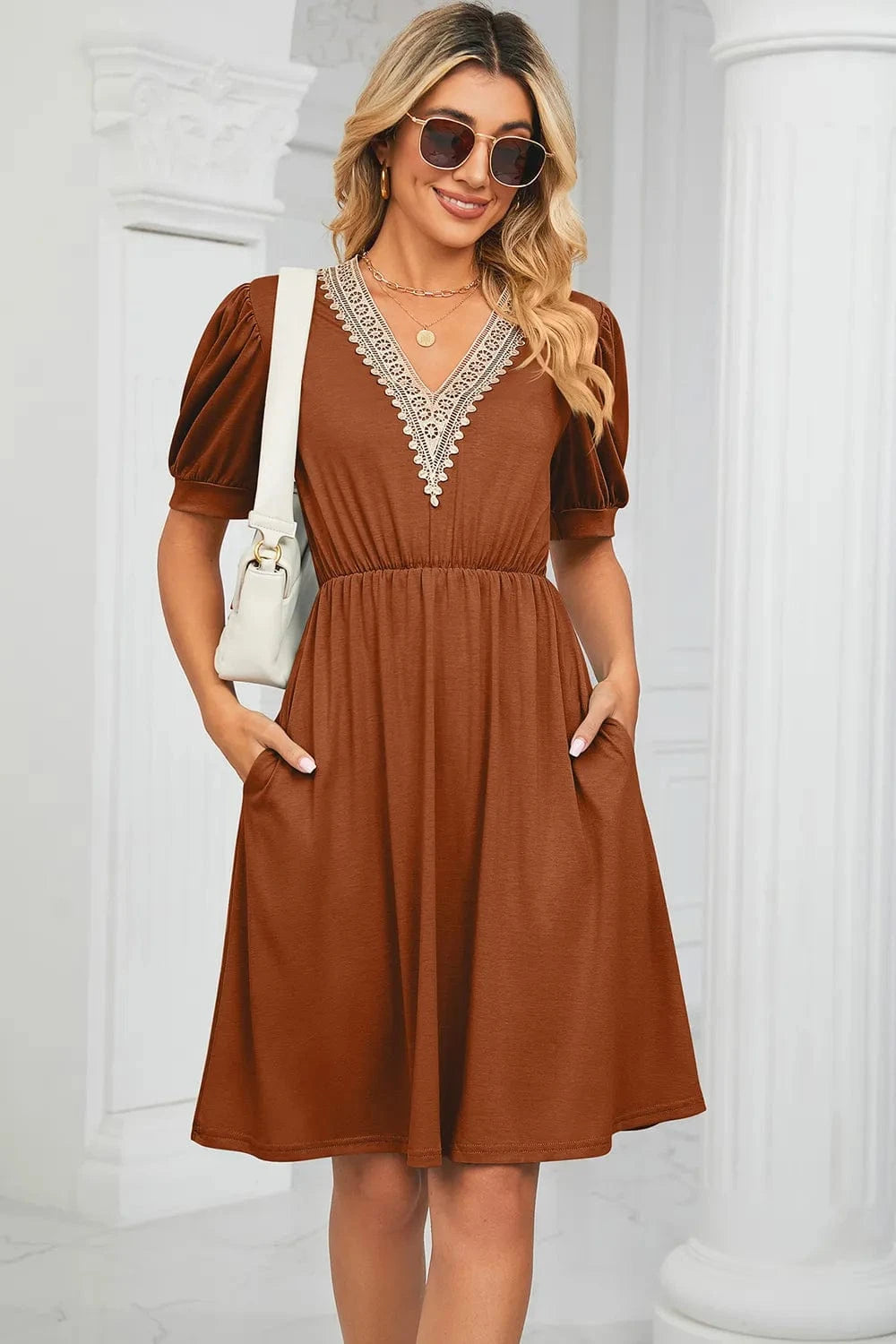 V - Neck Puff Sleeve Dress - ShalayeFashion