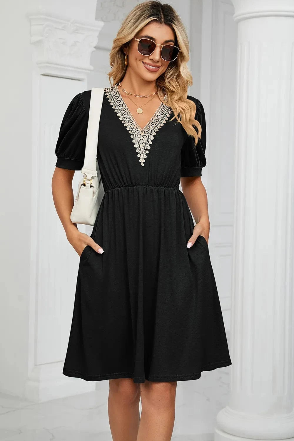 V - Neck Puff Sleeve Dress - ShalayeFashion