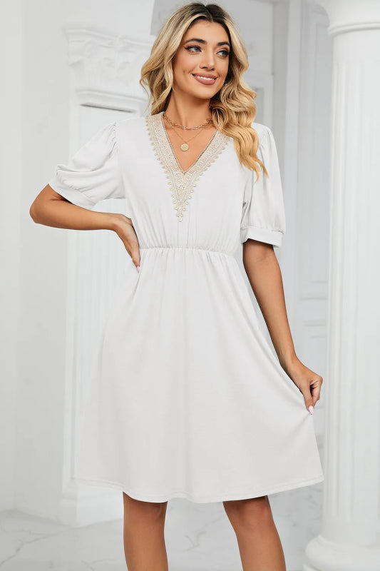 V - Neck Puff Sleeve Dress - ShalayeFashion