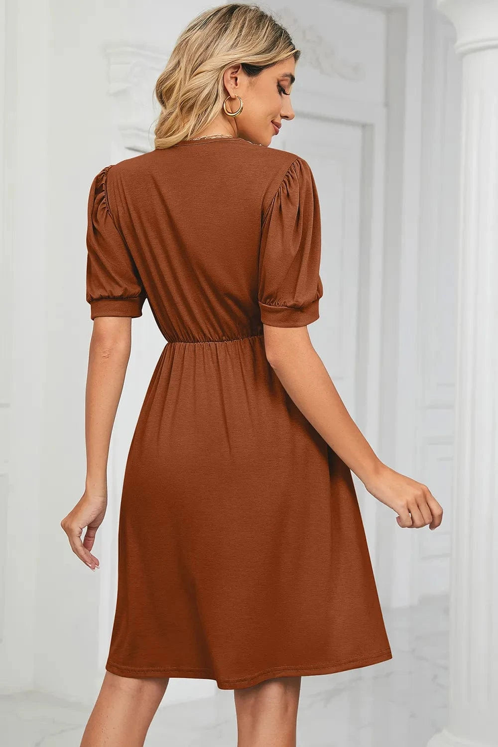 V - Neck Puff Sleeve Dress - ShalayeFashion