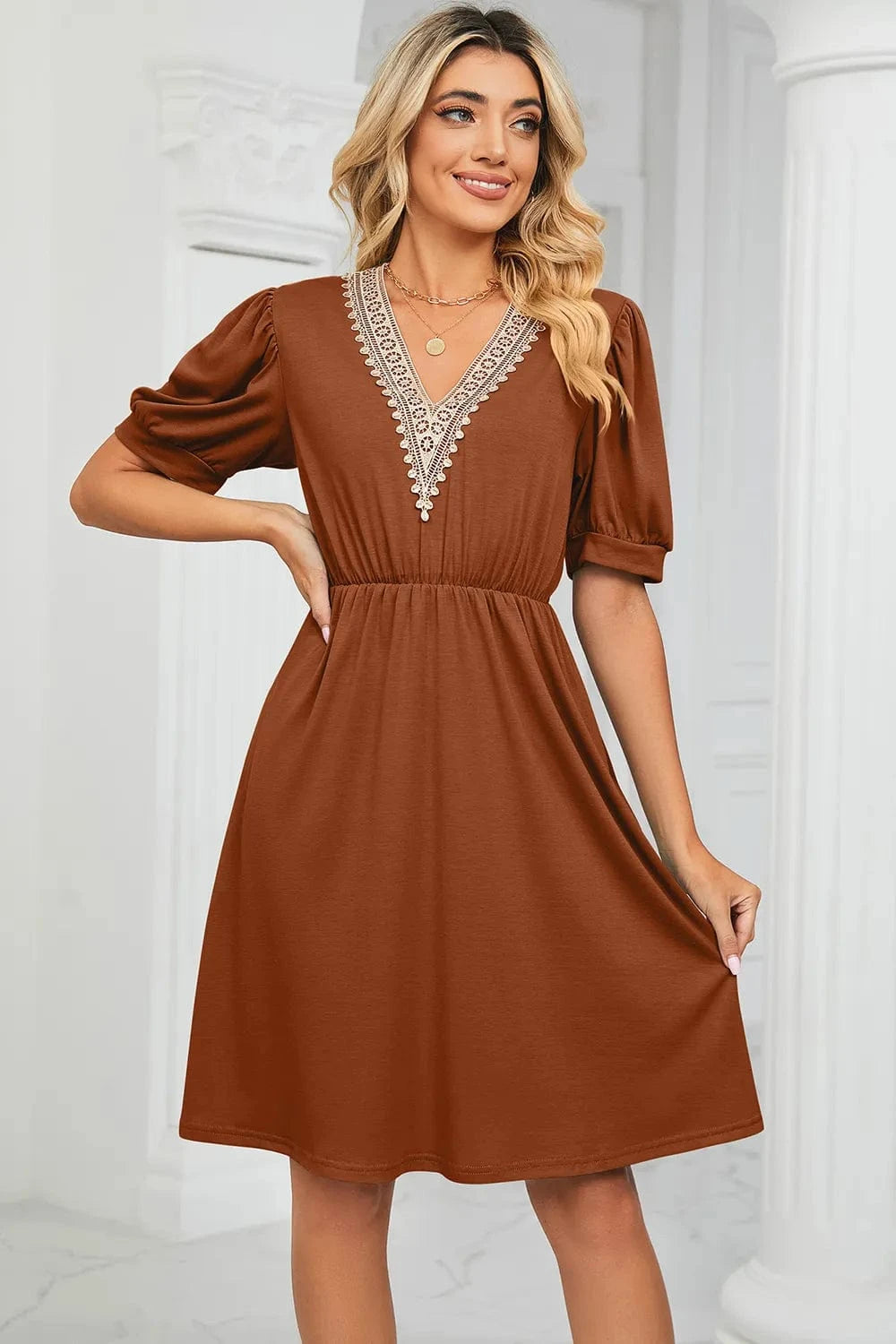 V - Neck Puff Sleeve Dress - ShalayeFashion