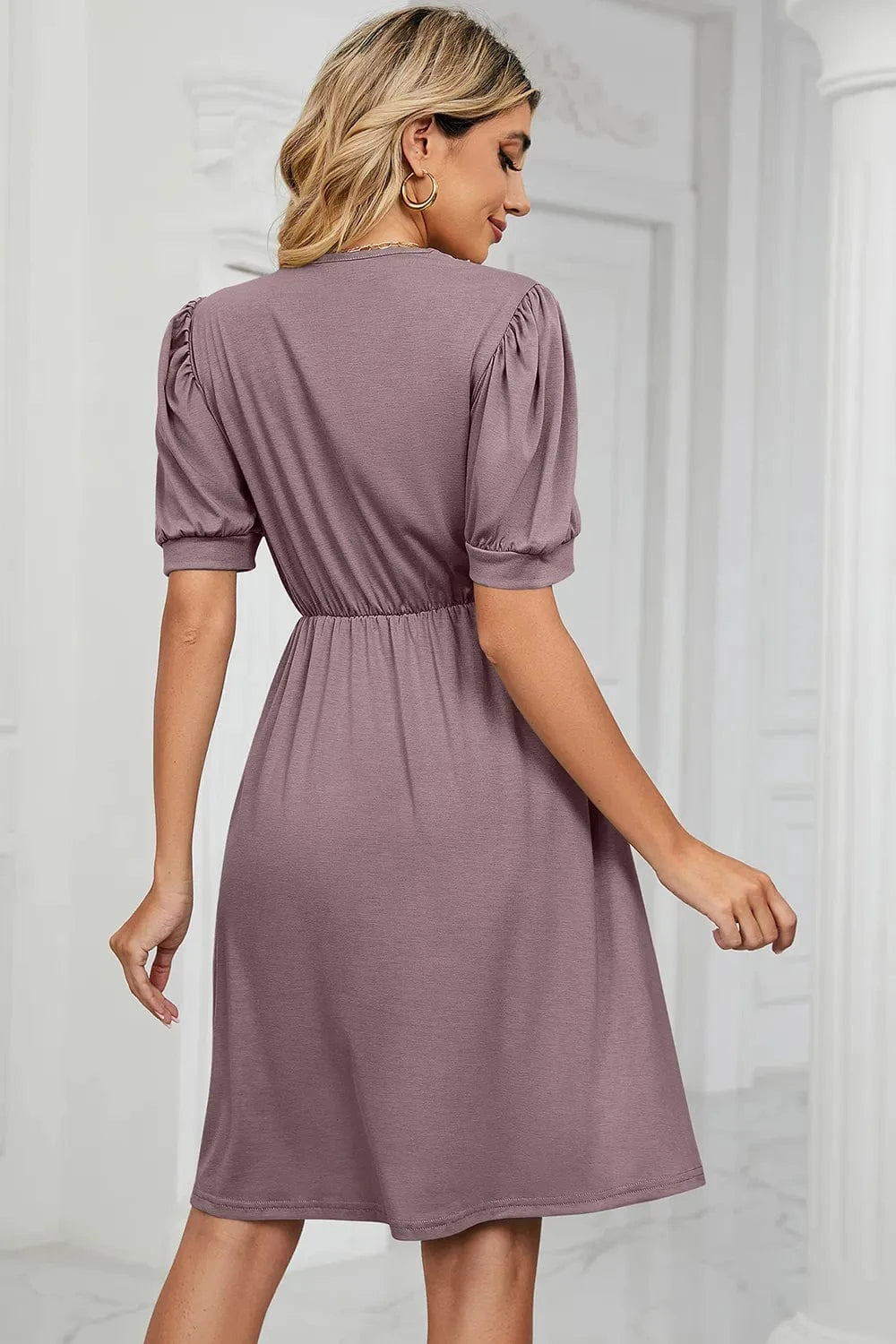 V - Neck Puff Sleeve Dress - ShalayeFashion