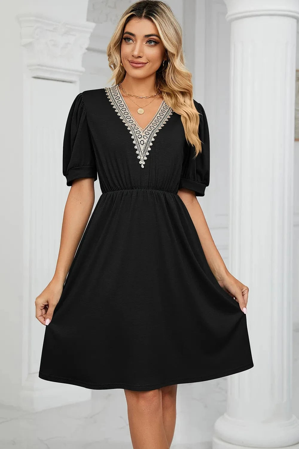 V - Neck Puff Sleeve Dress - ShalayeFashion