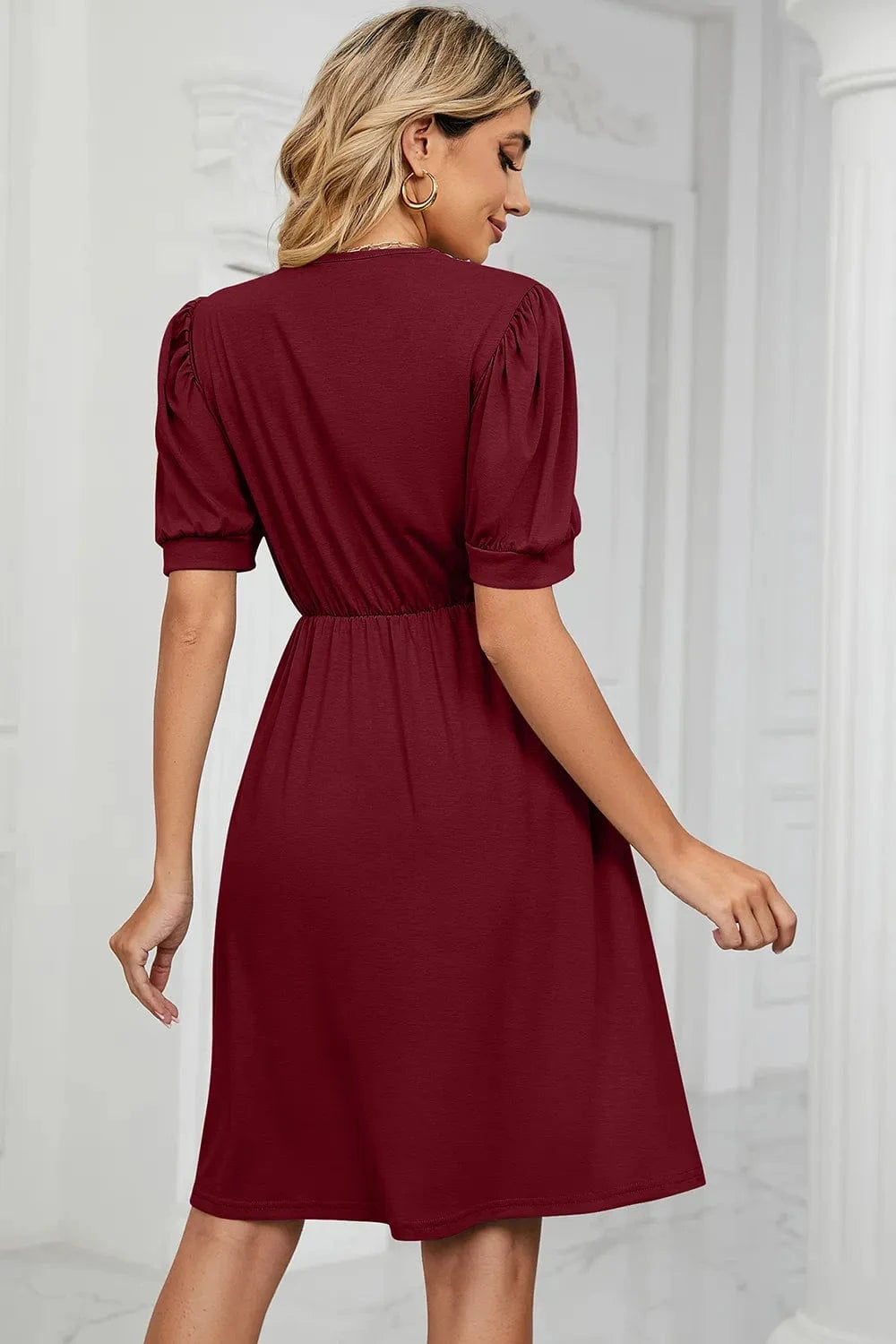 V - Neck Puff Sleeve Dress - ShalayeFashion