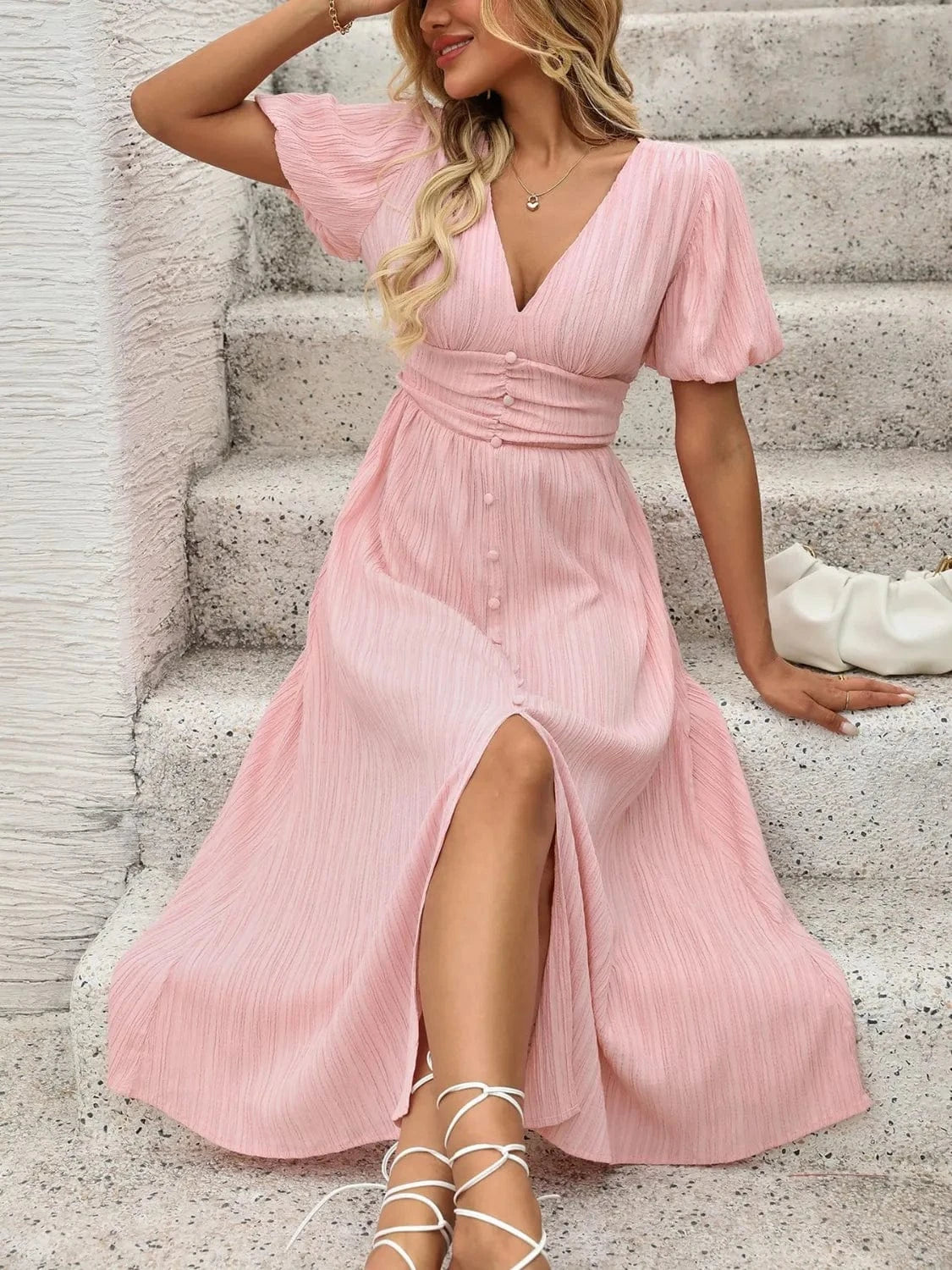 V - Neck Puff Sleeve Dress - ShalayeFashion