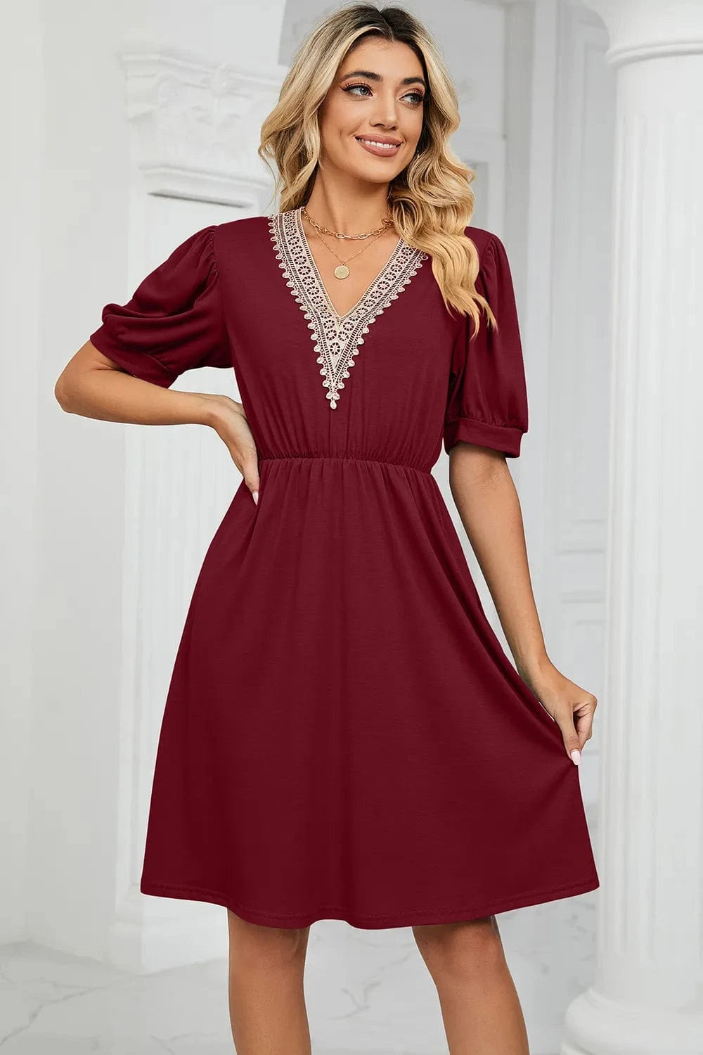 V - Neck Puff Sleeve Dress - ShalayeFashion