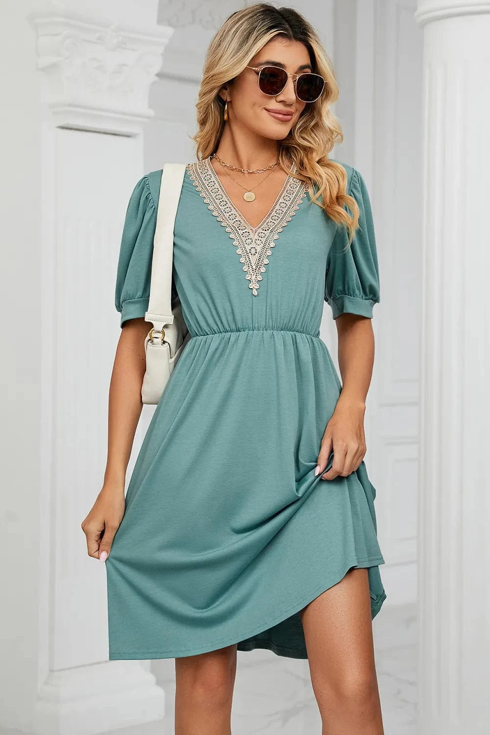 V - Neck Puff Sleeve Dress - ShalayeFashion