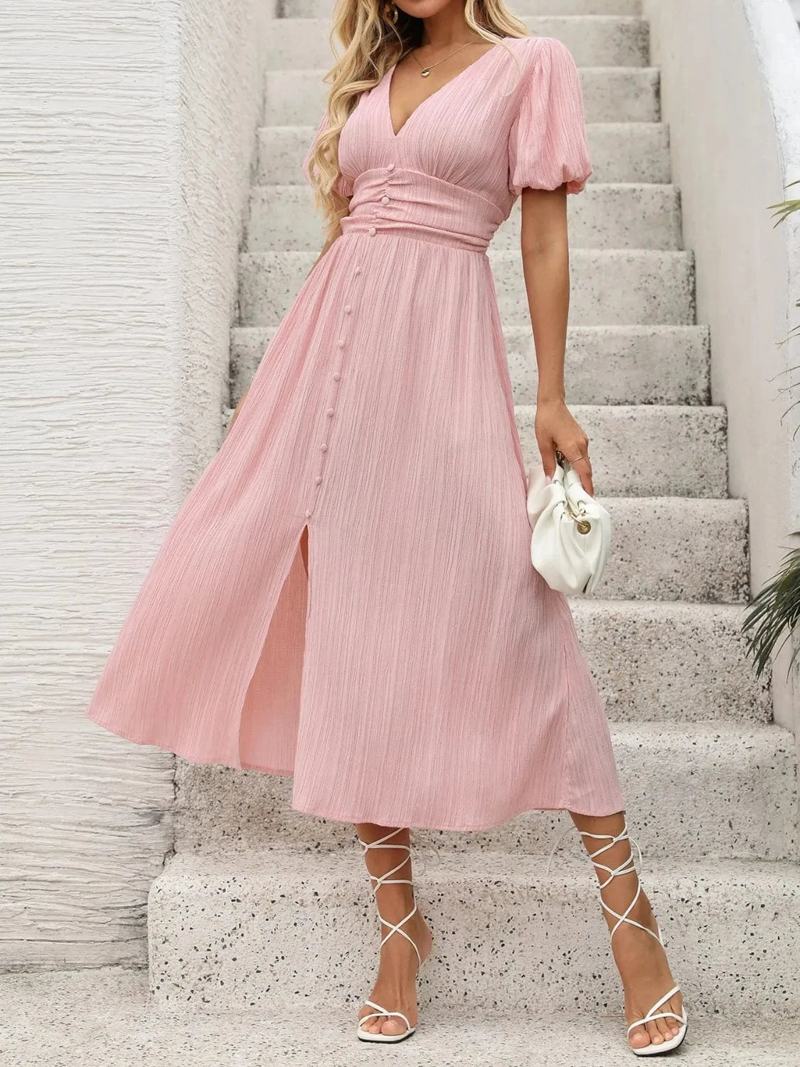 V - Neck Puff Sleeve Dress - ShalayeFashion