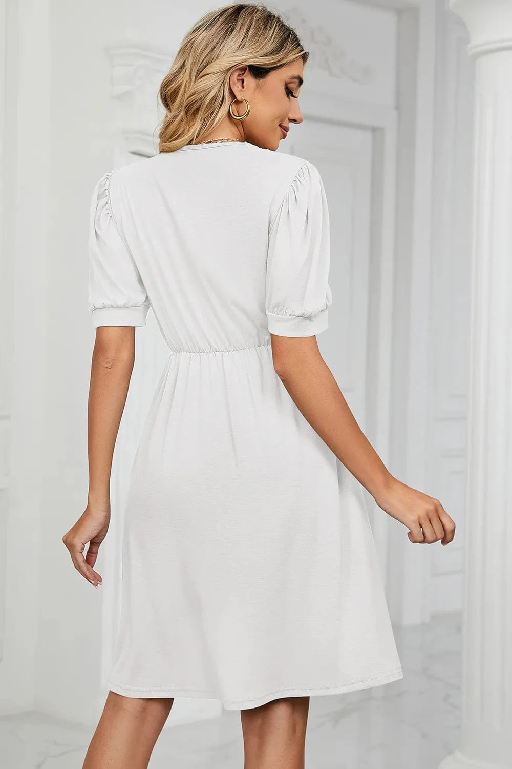 V - Neck Puff Sleeve Dress - ShalayeFashion