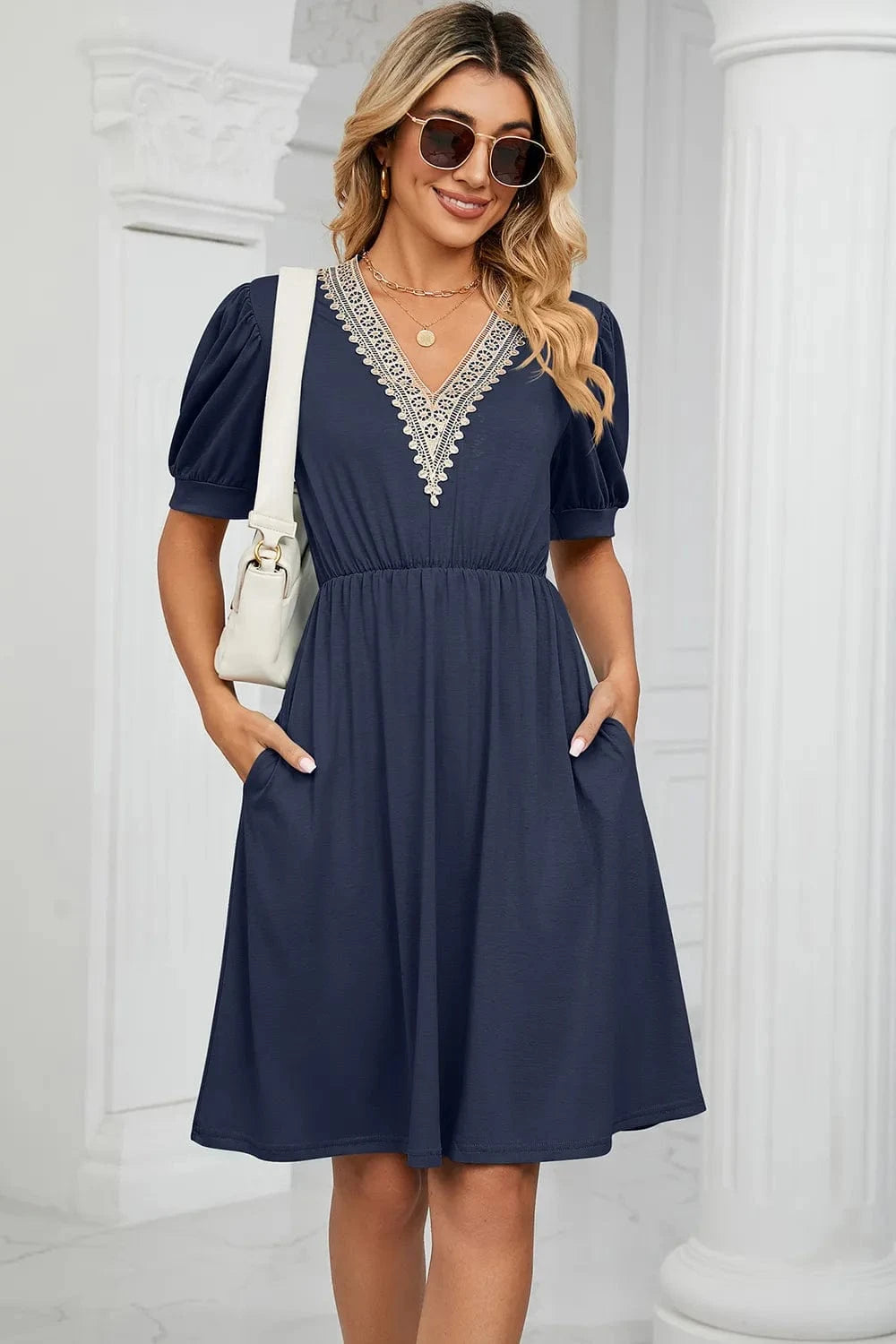 V - Neck Puff Sleeve Dress - ShalayeFashion