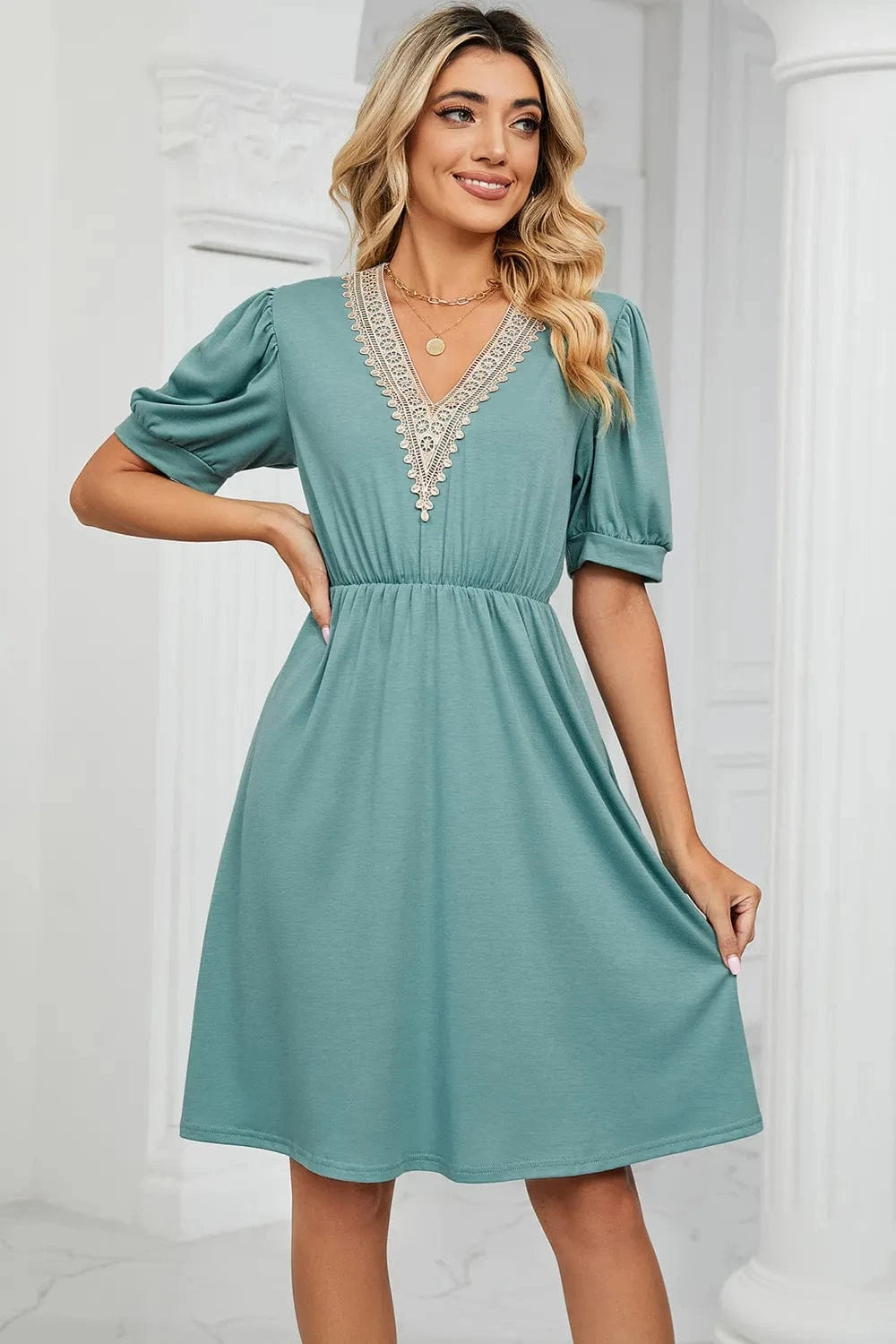 V - Neck Puff Sleeve Dress - ShalayeFashion
