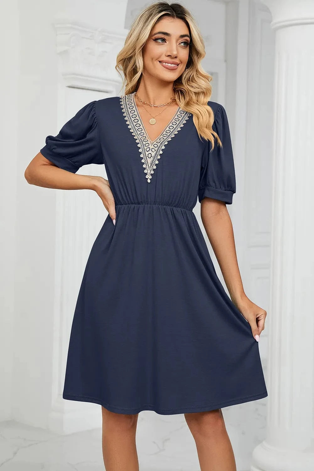 V - Neck Puff Sleeve Dress - ShalayeFashion