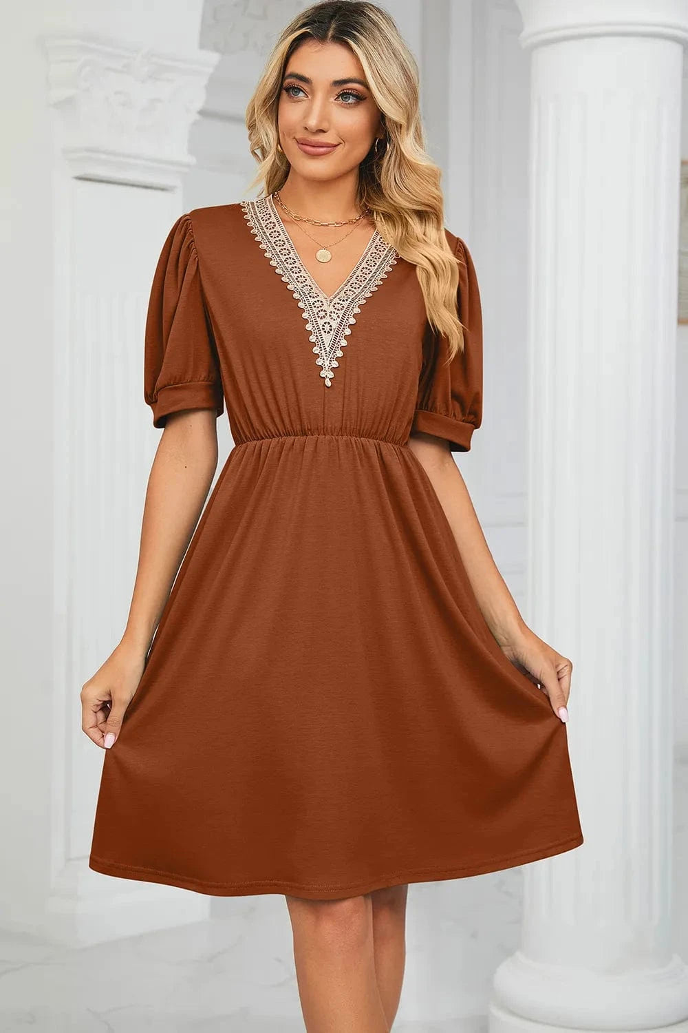 V - Neck Puff Sleeve Dress - ShalayeFashion