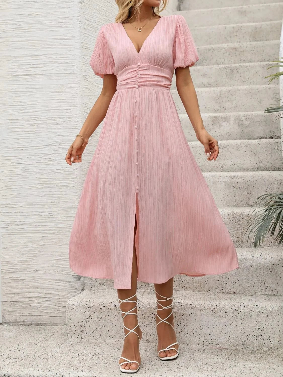 V - Neck Puff Sleeve Dress - ShalayeFashion