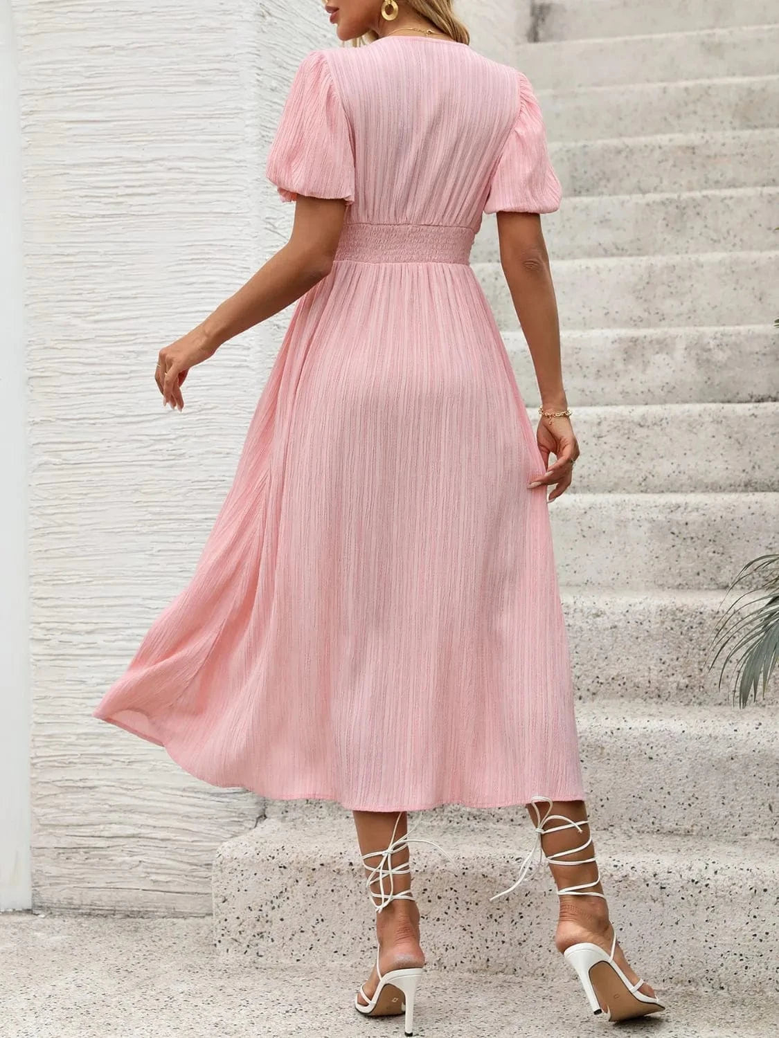 V - Neck Puff Sleeve Dress - ShalayeFashion