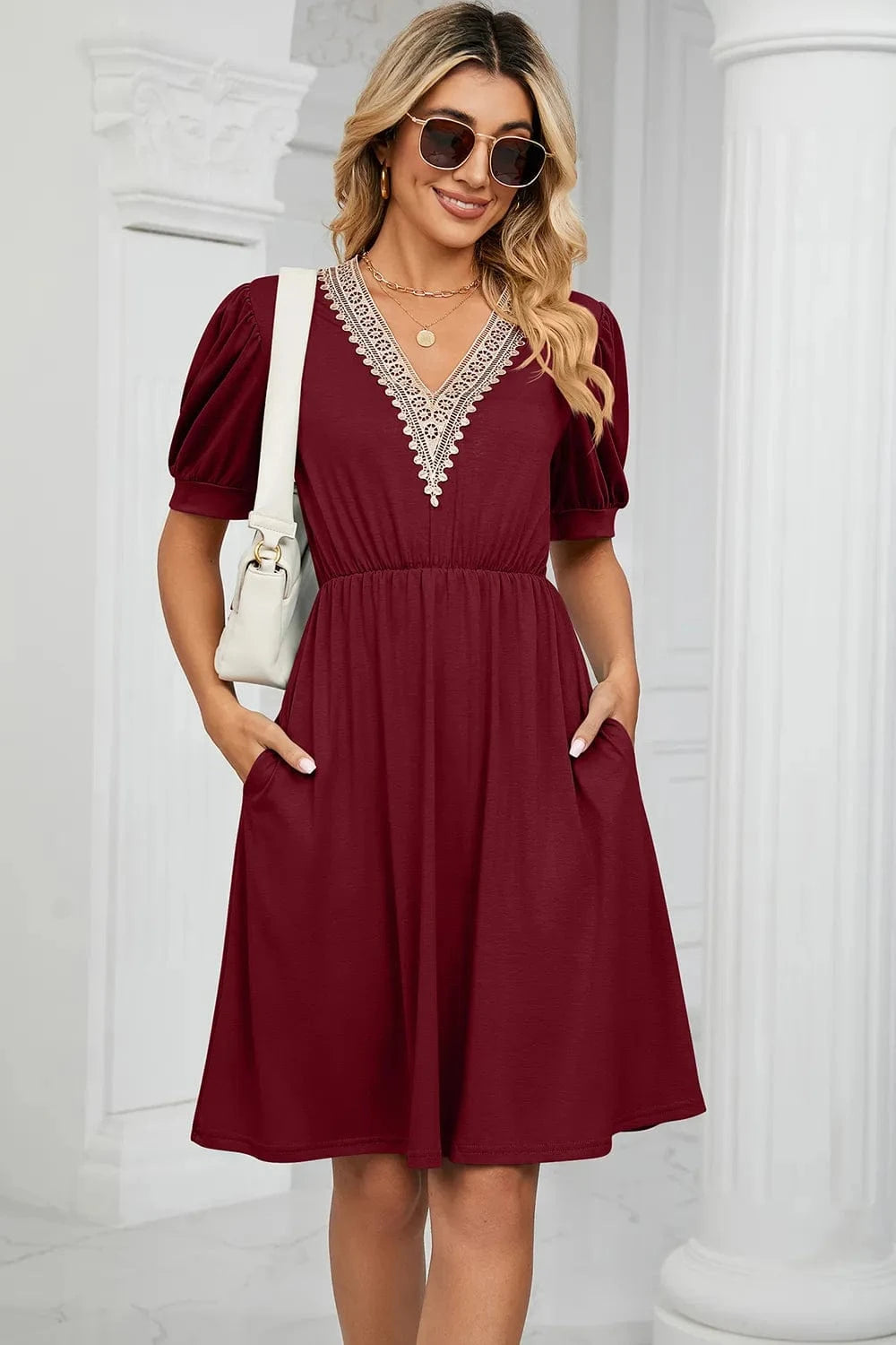 V - Neck Puff Sleeve Dress - ShalayeFashion