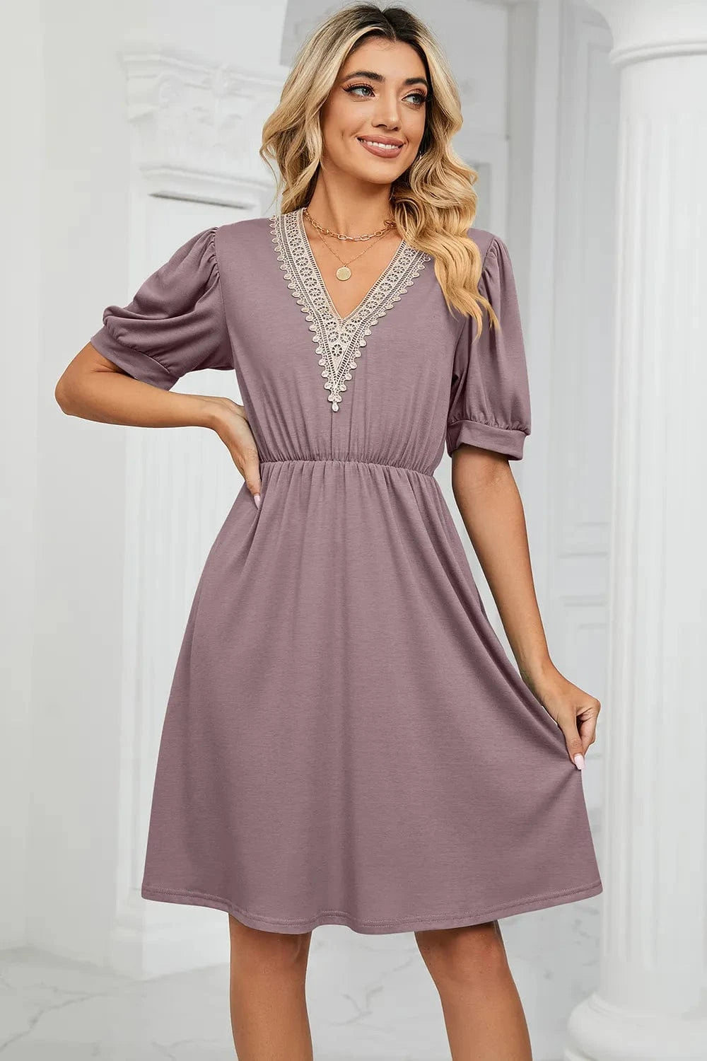 V - Neck Puff Sleeve Dress - ShalayeFashion